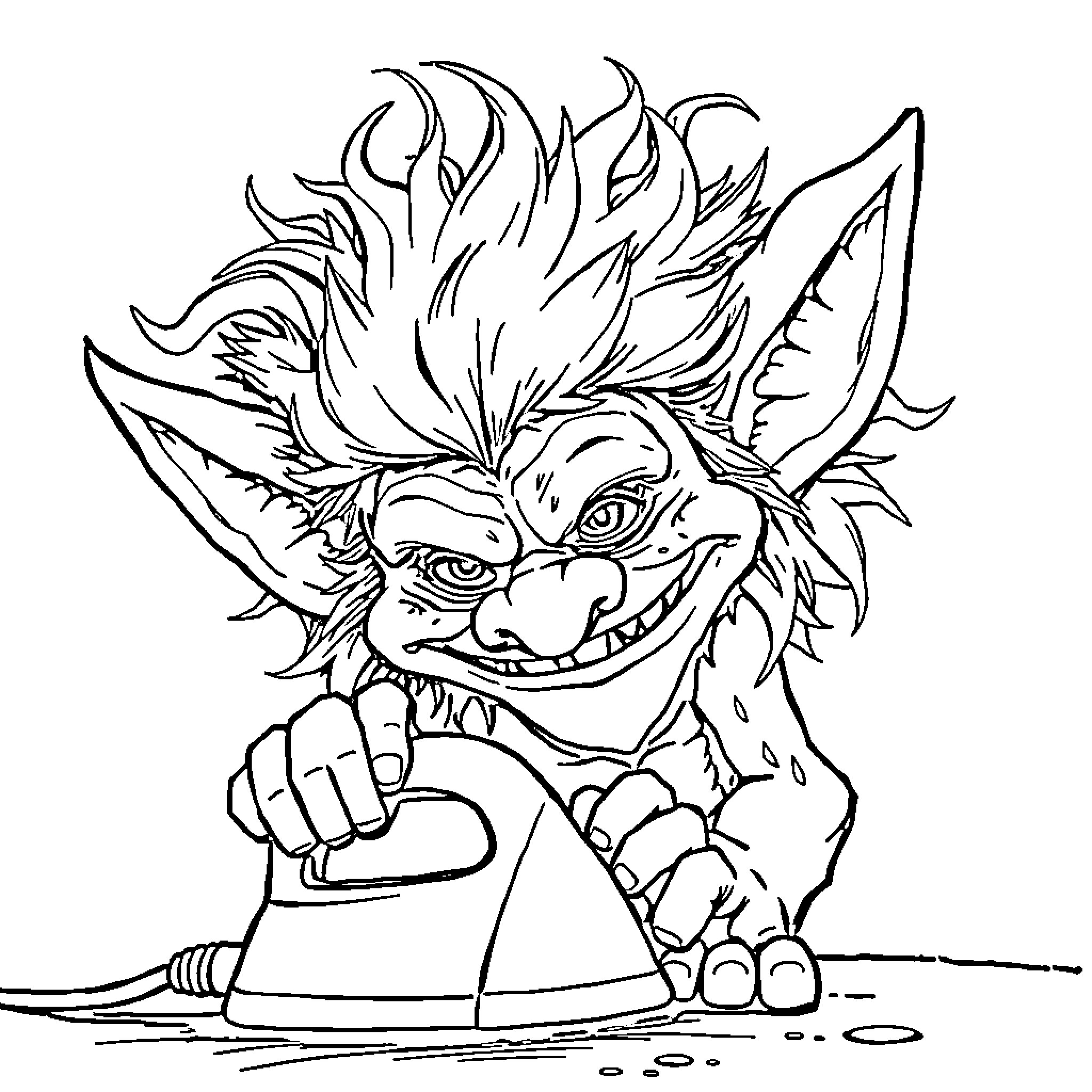 Troll with wild hair and mischievous expression Coloring Page (free black-and-white line drawing printable PDF for all, from beginners to advanced learners, including children, teens, adults, and seniors)