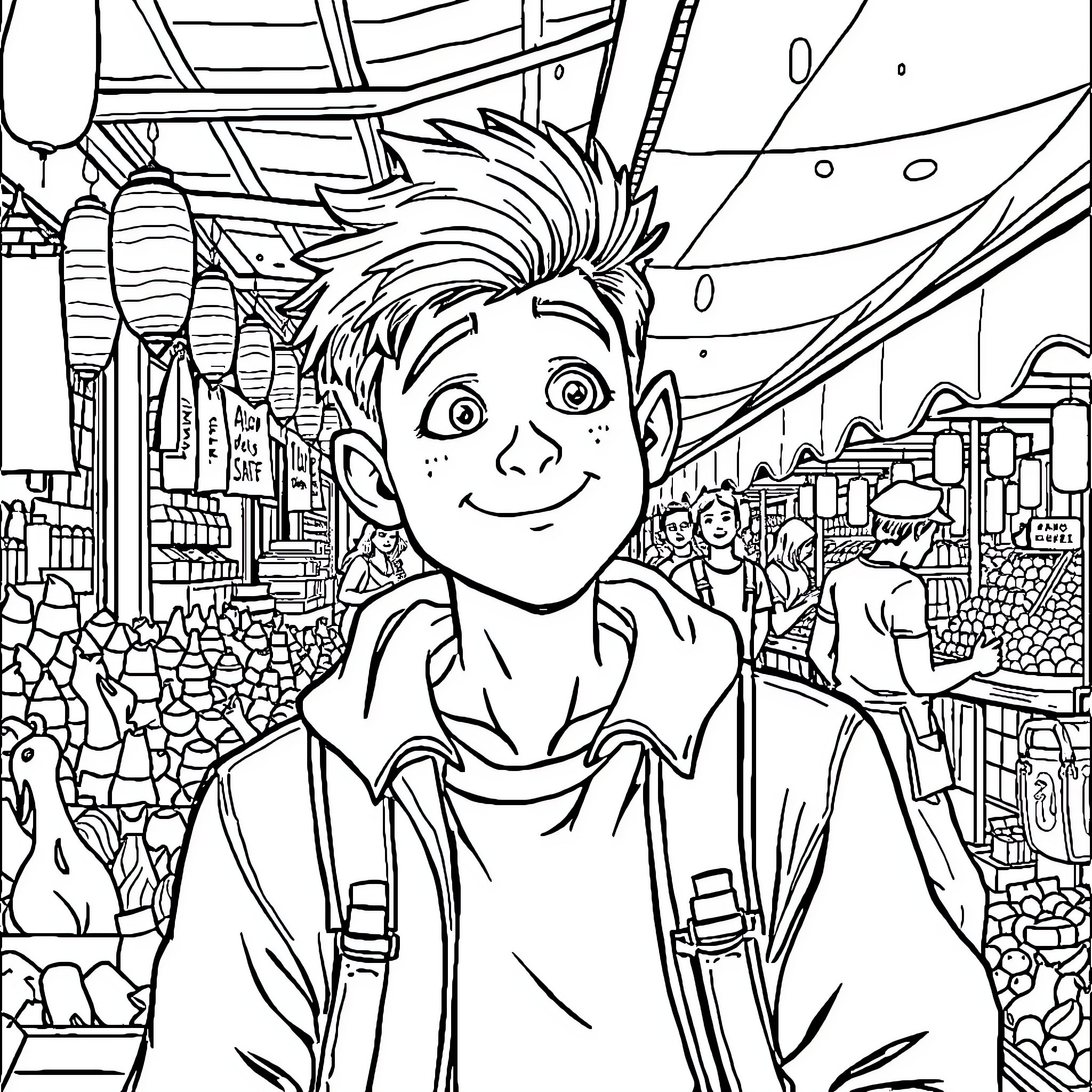 Aloys exploring the vibrant city scene Coloring Page (free black-and-white line drawing printable PDF for all, from beginners to advanced learners, including children, teens, adults, and seniors)