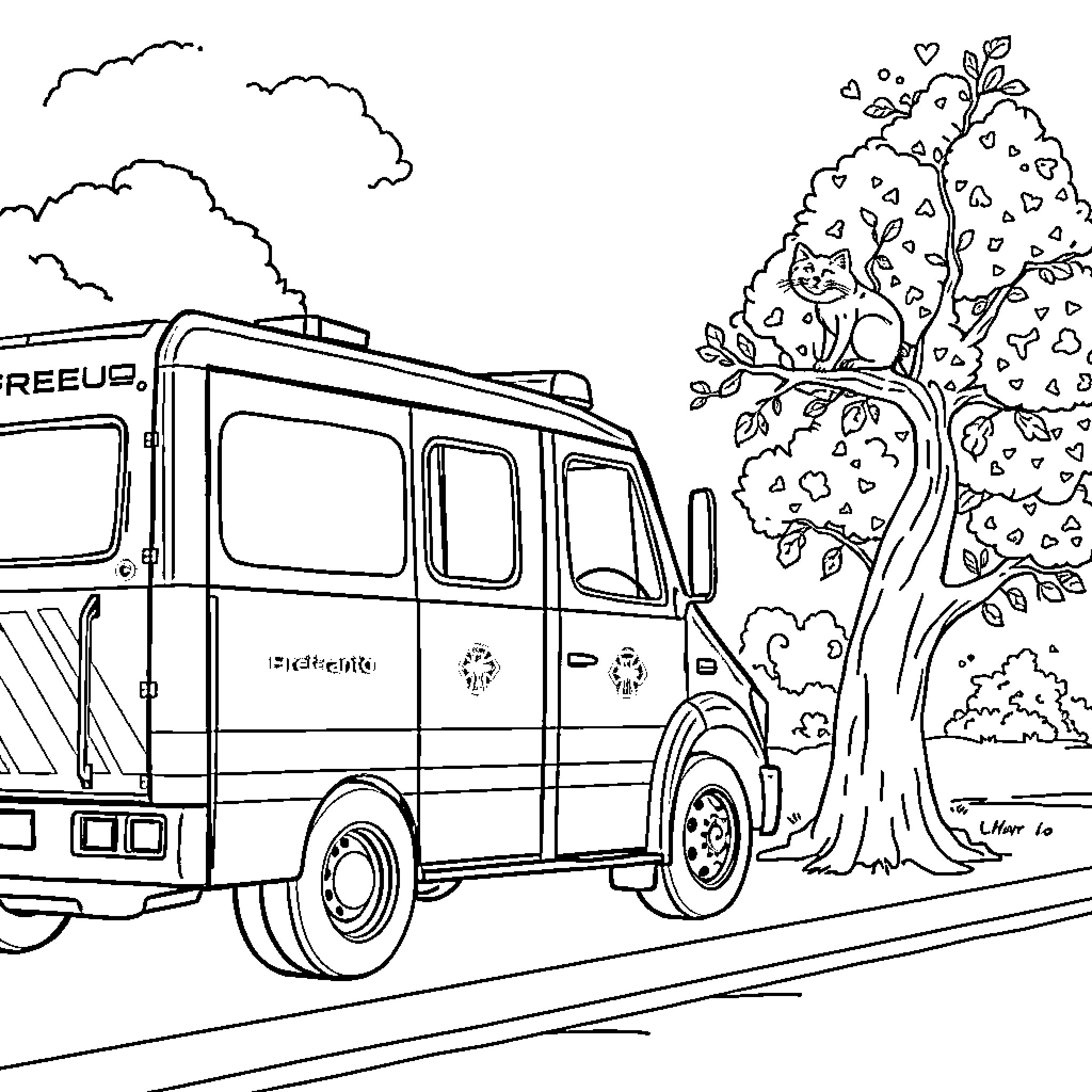 Fire Truck responding to emergency call in nature Coloring Page (free black-and-white line drawing printable PDF for all, from beginners to advanced learners, including children, teens, adults, and seniors)