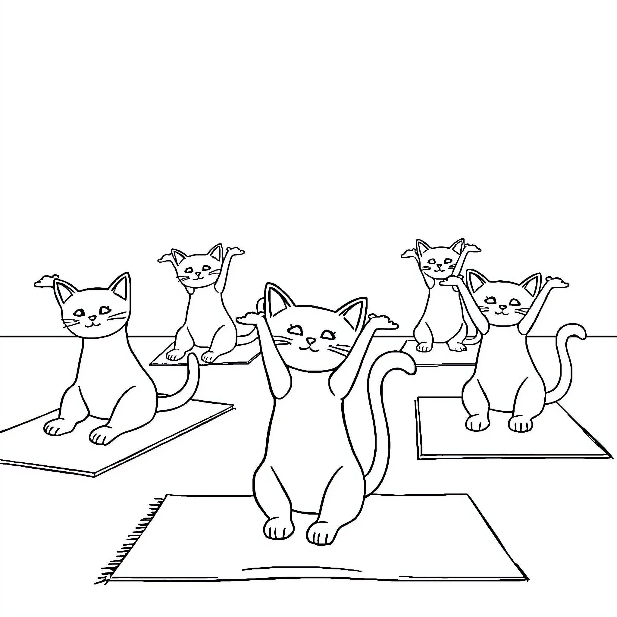 Cats exercising and stretching together Coloring Page (free black-and-white line drawing printable PDF for all, from beginners to advanced learners, including children, teens, adults, and seniors)