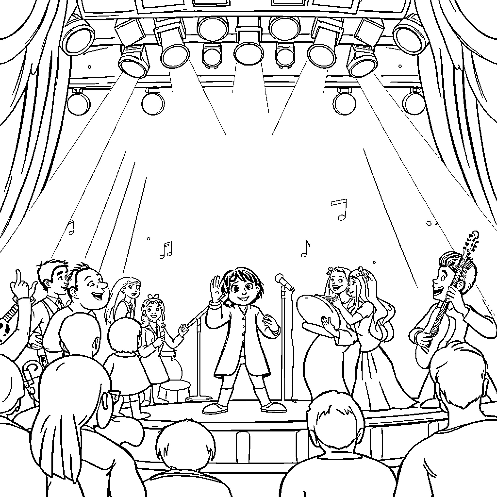 Sing Characters Performing on Stage Coloring Page (free black-and-white line drawing printable PDF for all, from beginners to advanced learners, including children, teens, adults, and seniors)