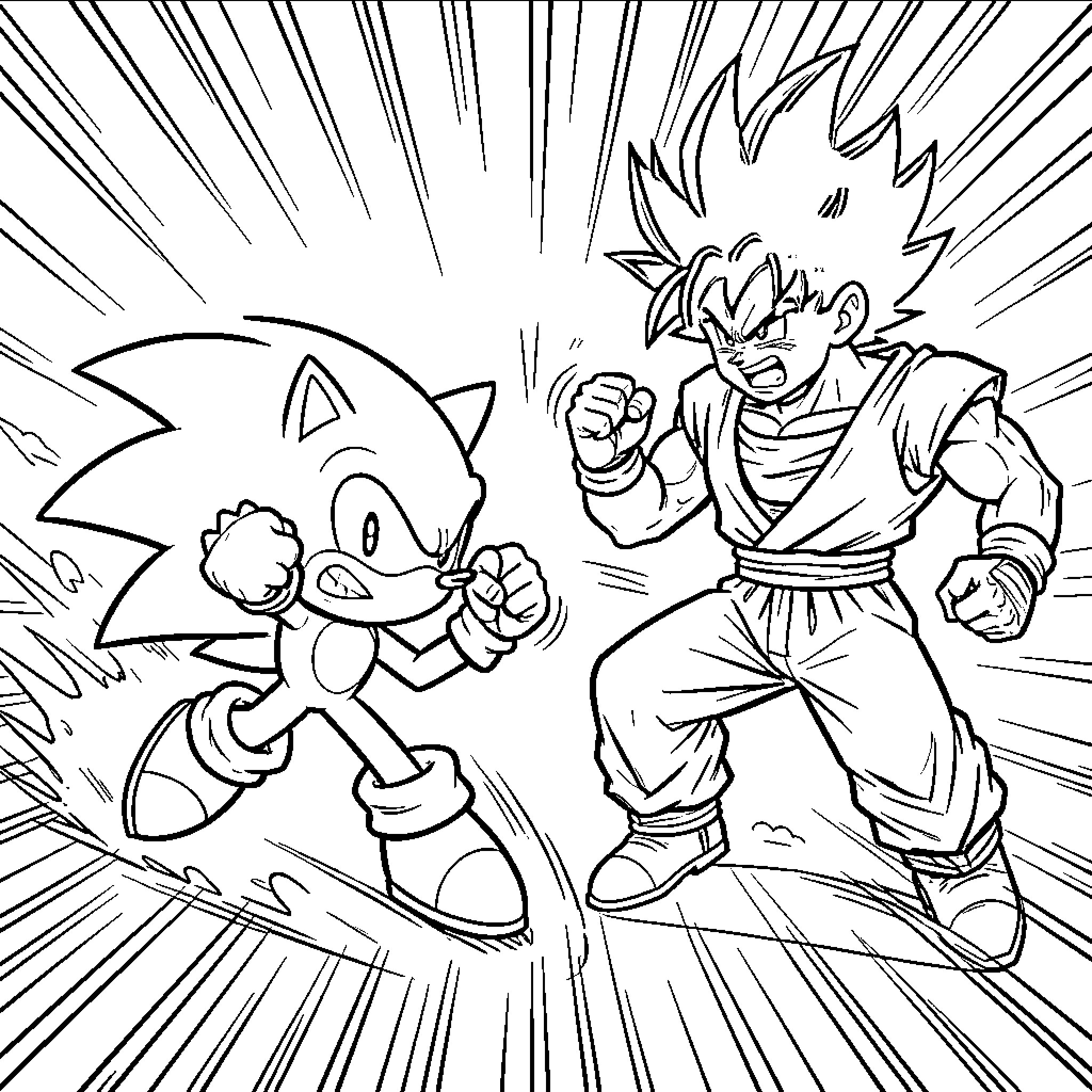 Sonic characters in dynamic action pose Coloring Page (free black-and-white line drawing printable PDF for all, from beginners to advanced learners, including children, teens, adults, and seniors)