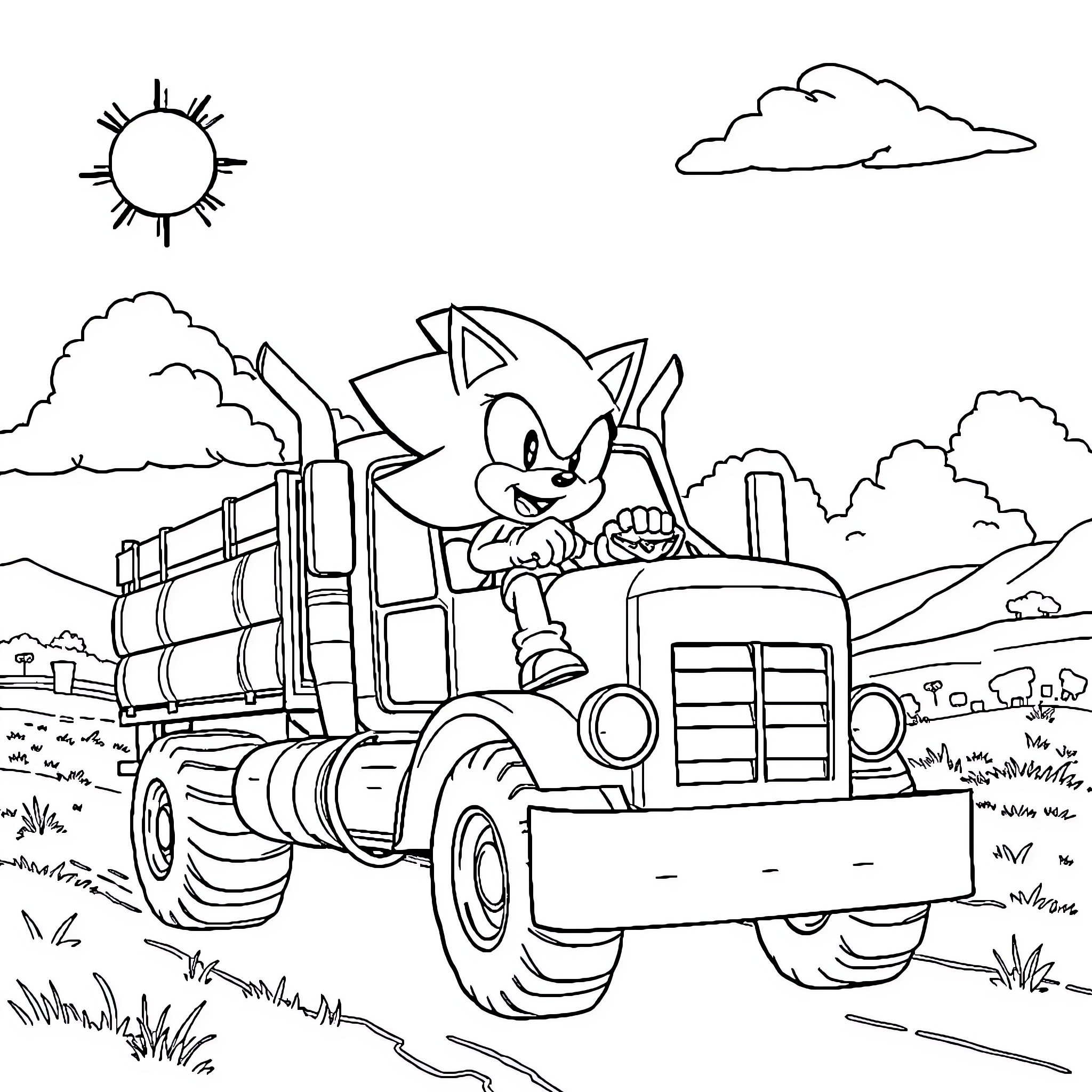 Sonic driving a truck through the countryside Coloring Page (free black-and-white line drawing printable PDF for all, from beginners to advanced learners, including children, teens, adults, and seniors)