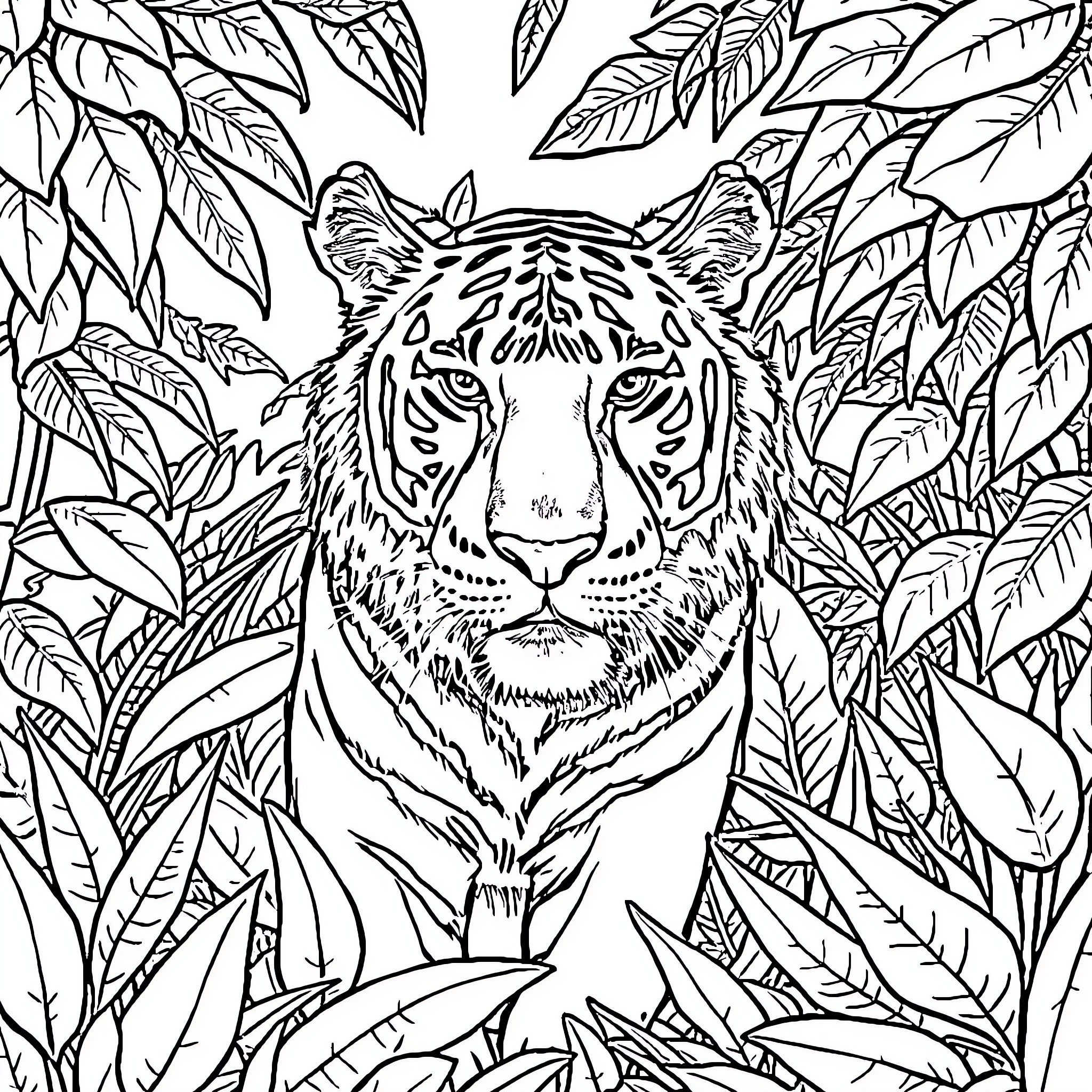 Tigre emerging from the vibrant jungle foliage Coloring Page (free black-and-white line drawing printable PDF for all, from beginners to advanced learners, including children, teens, adults, and seniors)