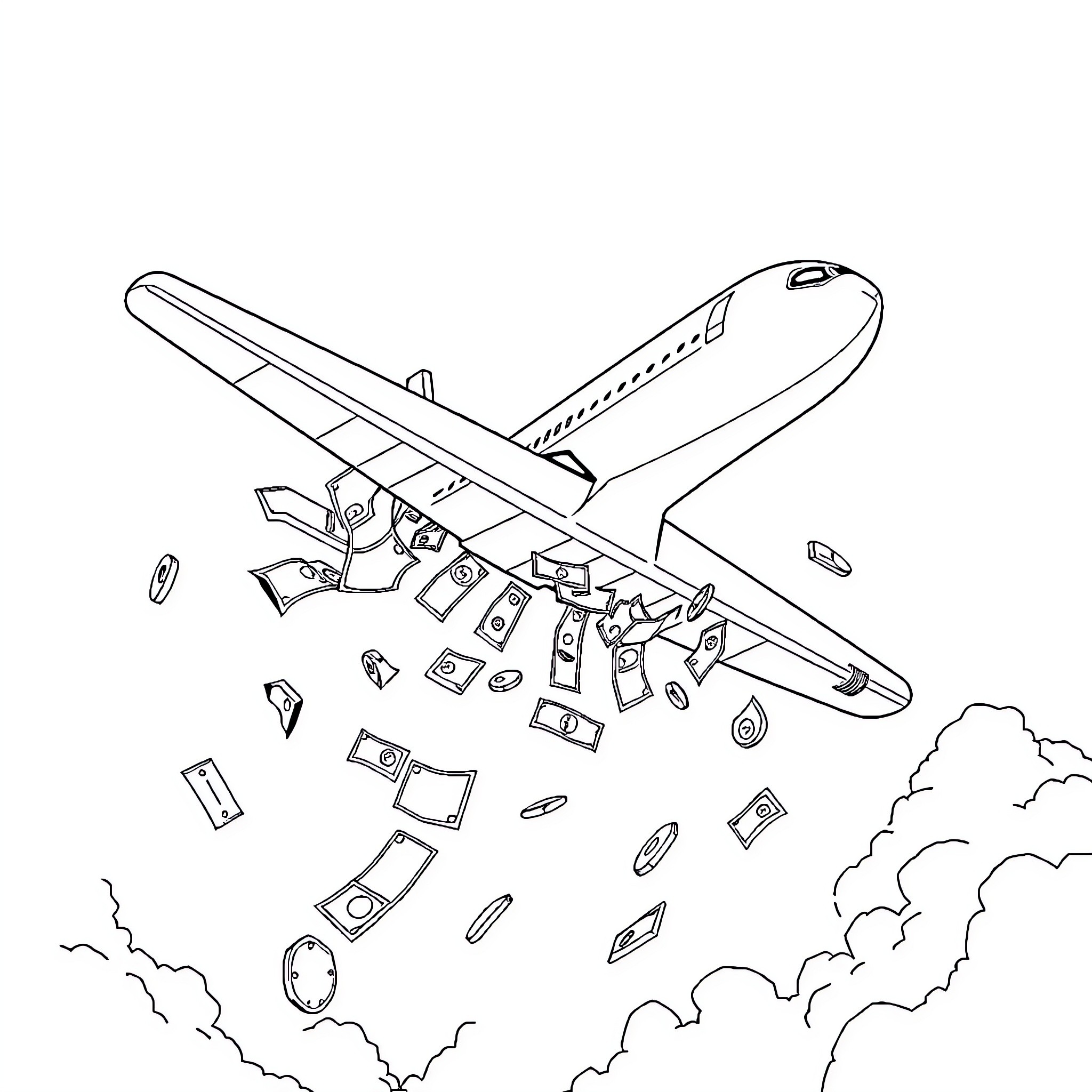 Money raining down from a flying airplane Coloring Page (free black-and-white line drawing printable PDF for all, from beginners to advanced learners, including children, teens, adults, and seniors)