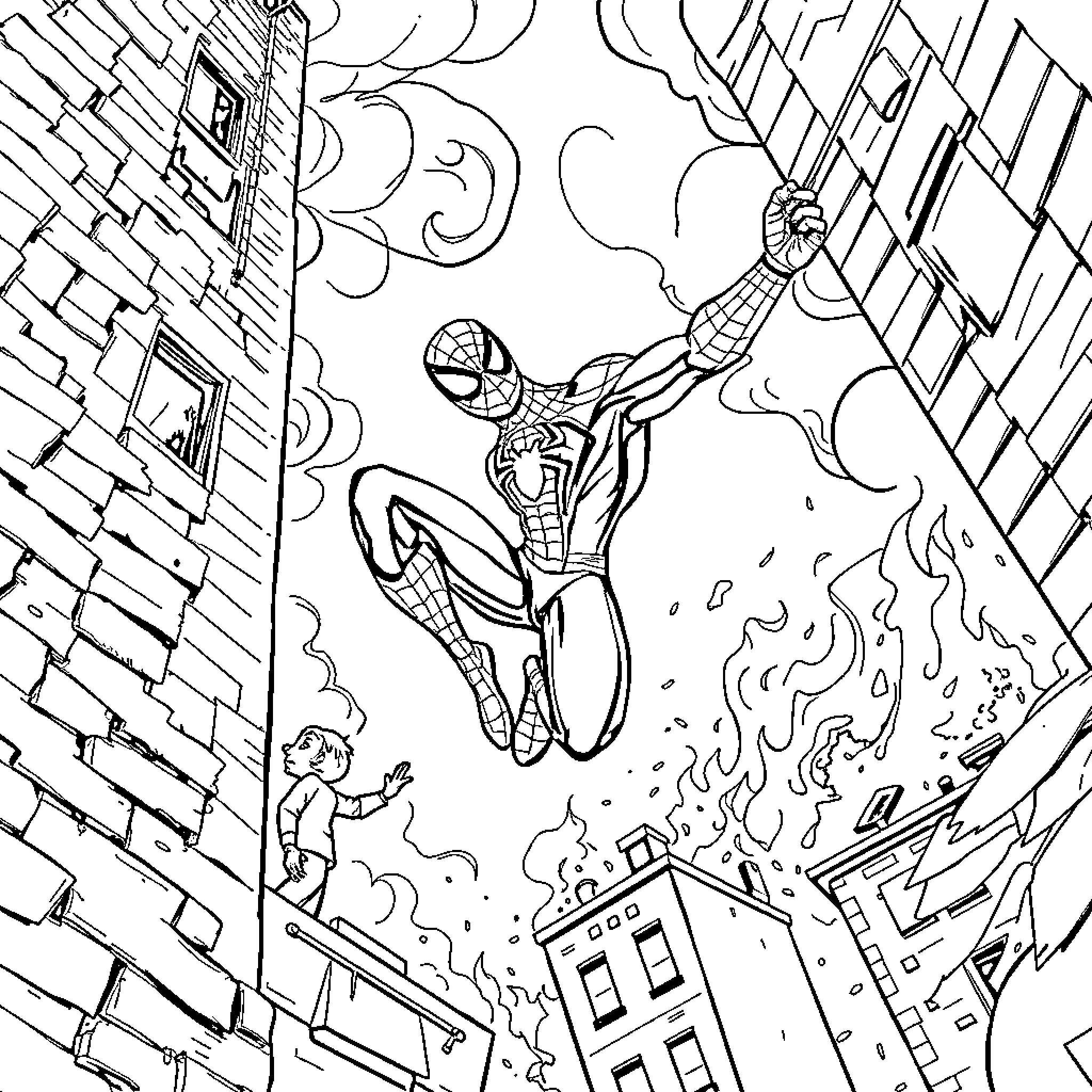 Spiderman swinging through the city in action Coloring Page (free black-and-white line drawing printable PDF for all, from beginners to advanced learners, including children, teens, adults, and seniors)