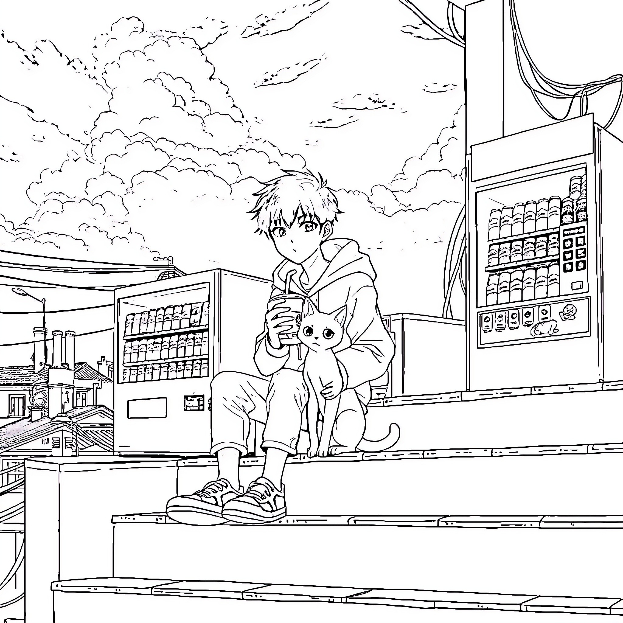 Boy sitting with pet on steps in city Coloring Page (free black-and-white line drawing printable PDF for all, from beginners to advanced learners, including children, teens, adults, and seniors)