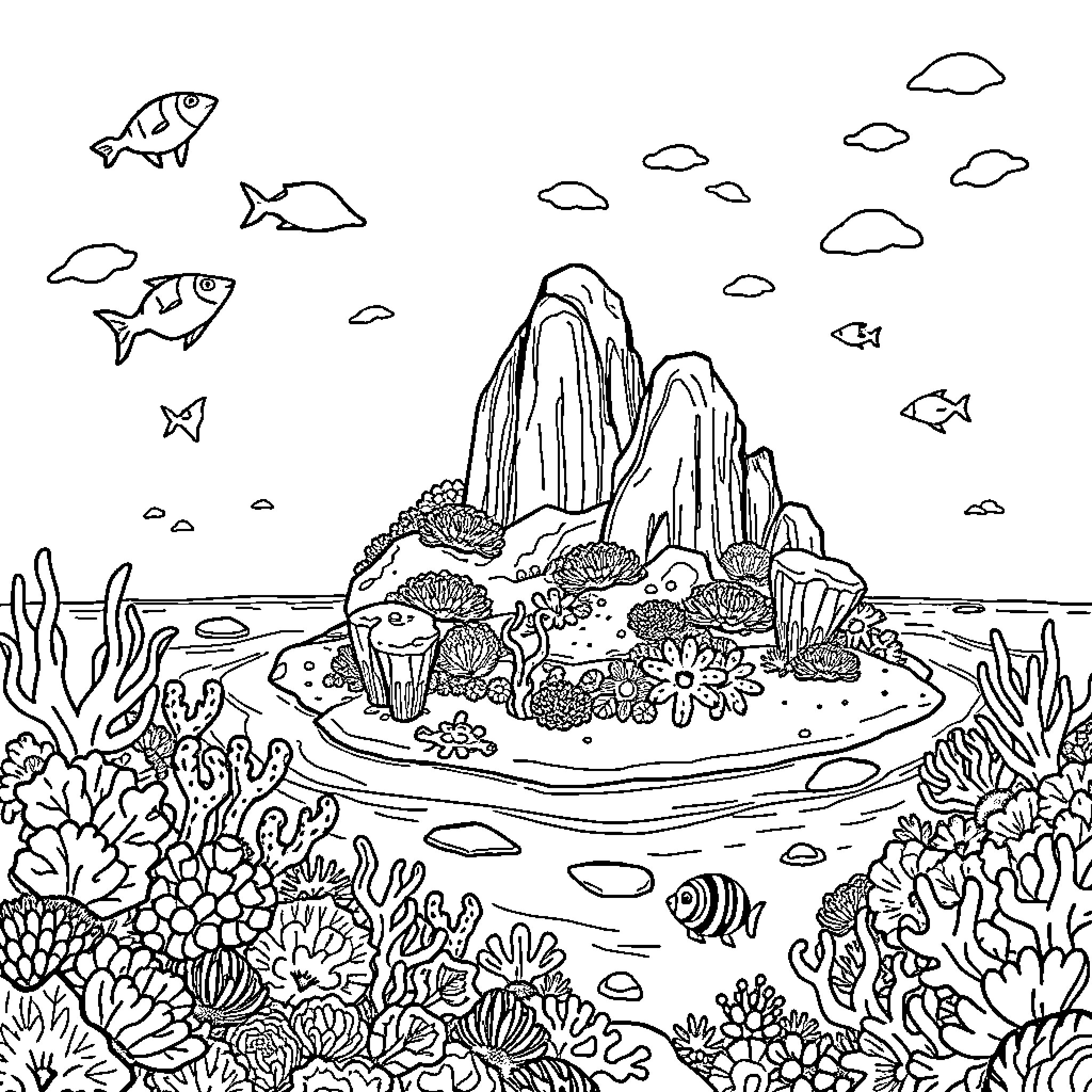 Coral Island with Vibrant Marine Life Coloring Page (free black-and-white line drawing printable PDF for all, from beginners to advanced learners, including children, teens, adults, and seniors)
