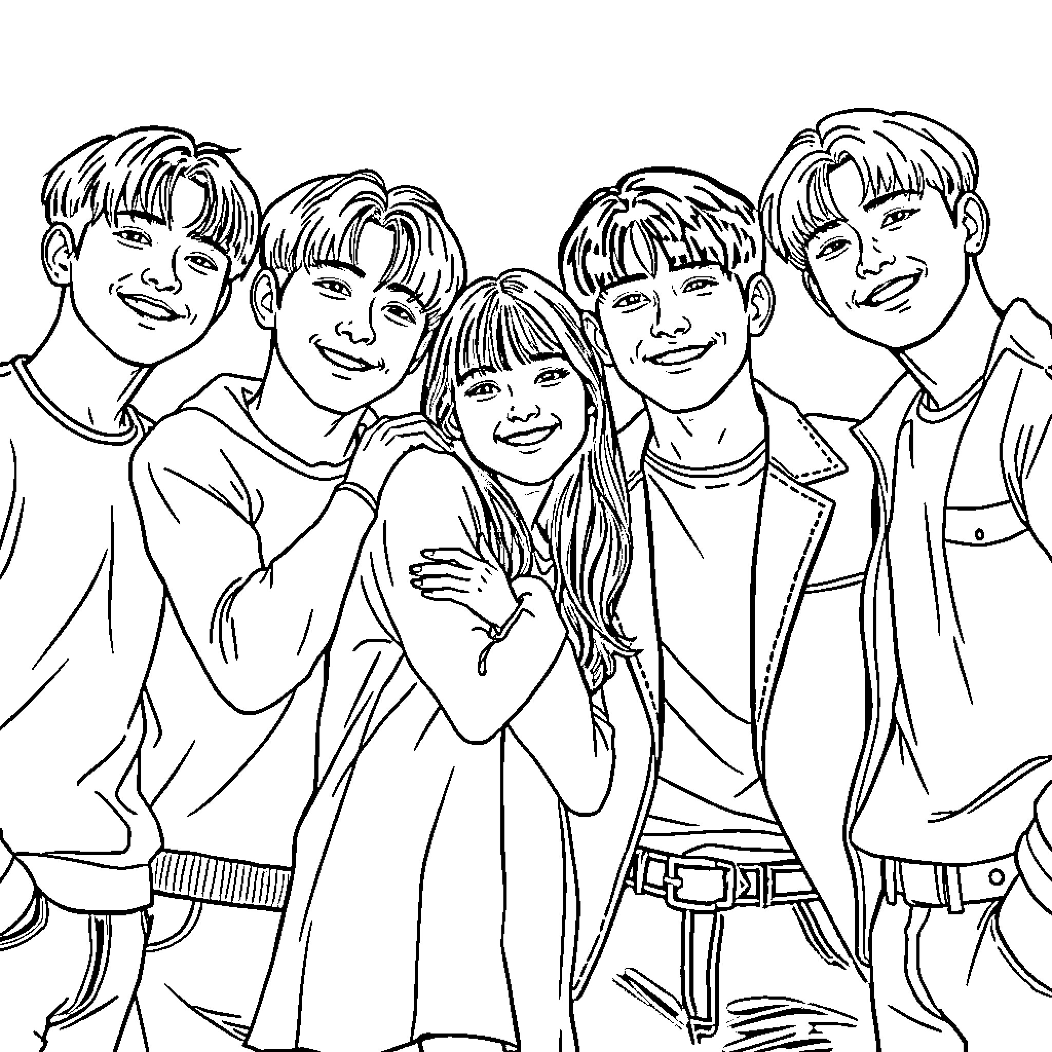 BTS Members Posing Happily Together Coloring Page (free black-and-white line drawing printable PDF for all, from beginners to advanced learners, including children, teens, adults, and seniors)