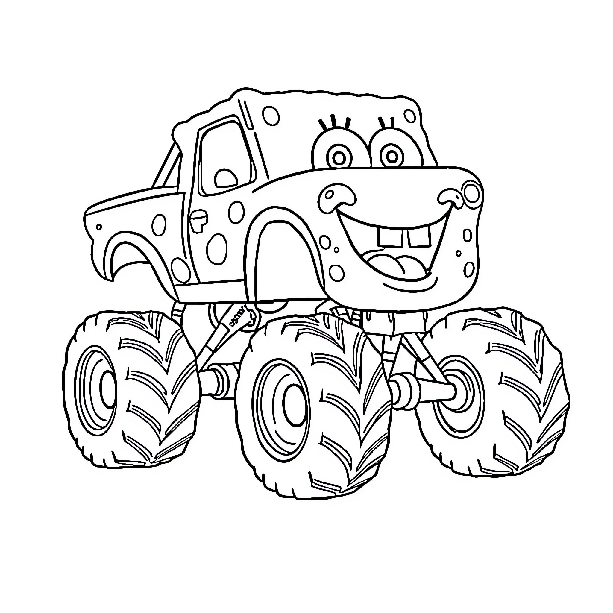 Spongebob driving a monster truck Coloring Page (free black-and-white line drawing printable PDF for all, from beginners to advanced learners, including children, teens, adults, and seniors)