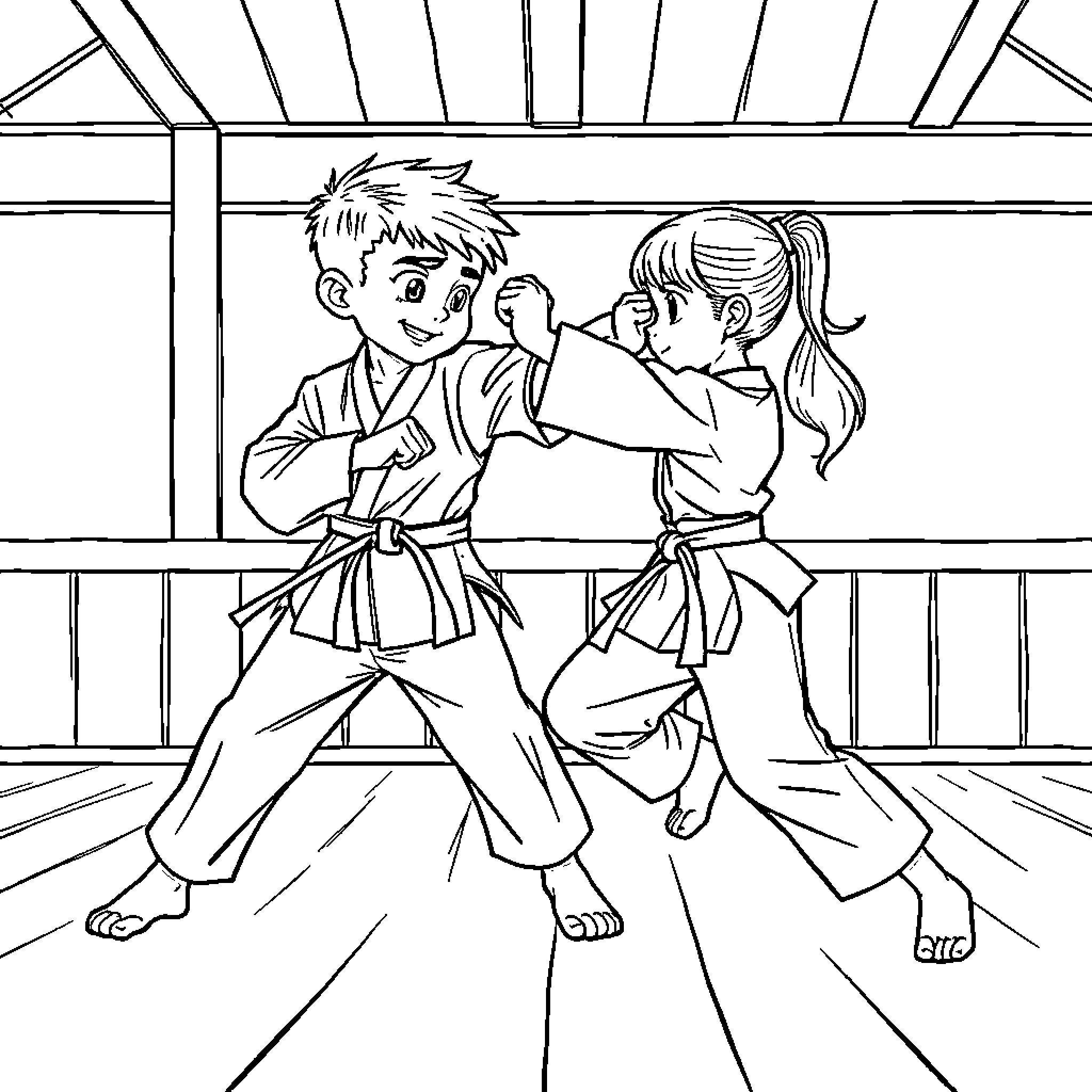 Karateka pair practicing martial arts in a dojo Coloring Page (free black-and-white line drawing printable PDF for all, from beginners to advanced learners, including children, teens, adults, and seniors)