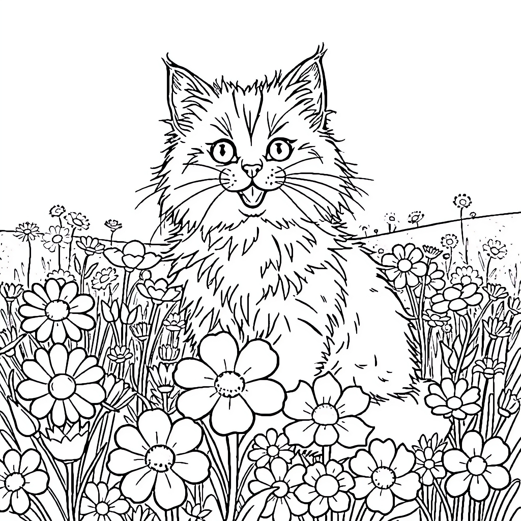 Cat in a Floral Garden Coloring Page (free black-and-white line drawing printable PDF for all, from beginners to advanced learners, including children, teens, adults, and seniors)
