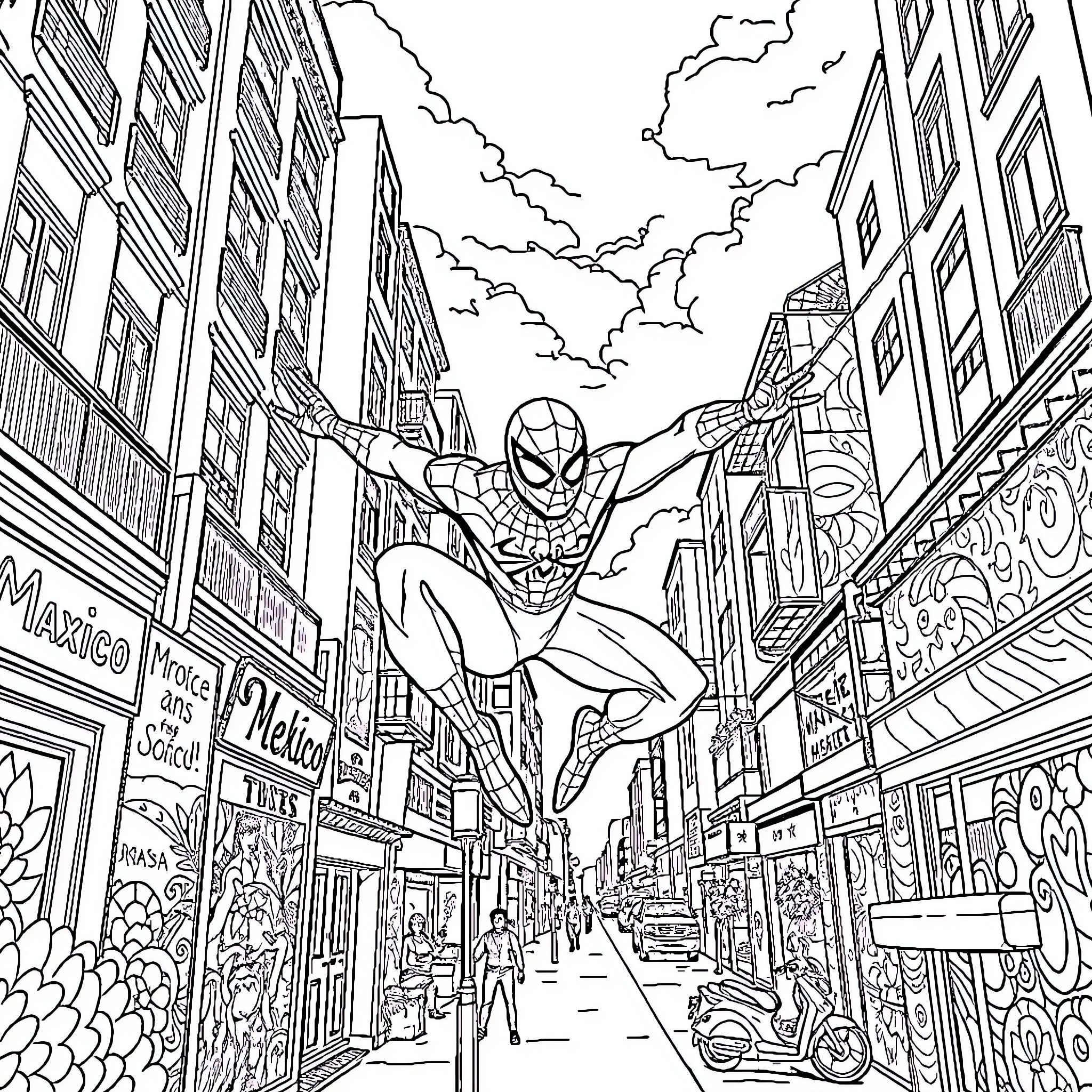 Spider-Man swinging through a vibrant city Coloring Page (free black-and-white line drawing printable PDF for all, from beginners to advanced learners, including children, teens, adults, and seniors)