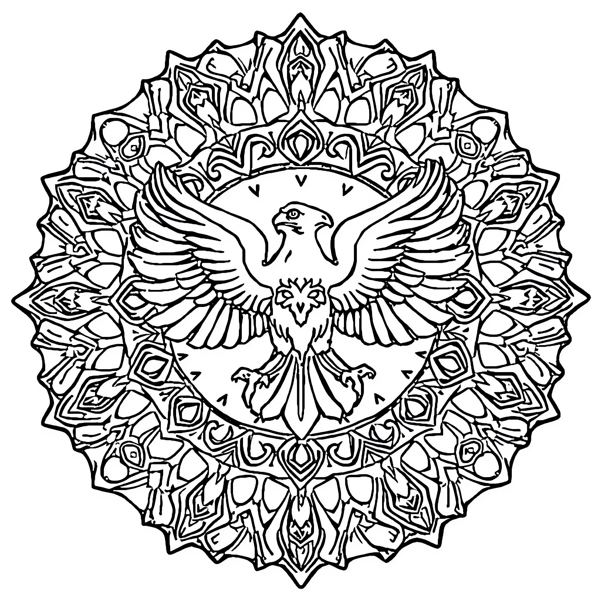 Eagle Spreading Its Wings on Ornate Mandala Coloring Page (free black-and-white line drawing printable PDF for all, from beginners to advanced learners, including children, teens, adults, and seniors)