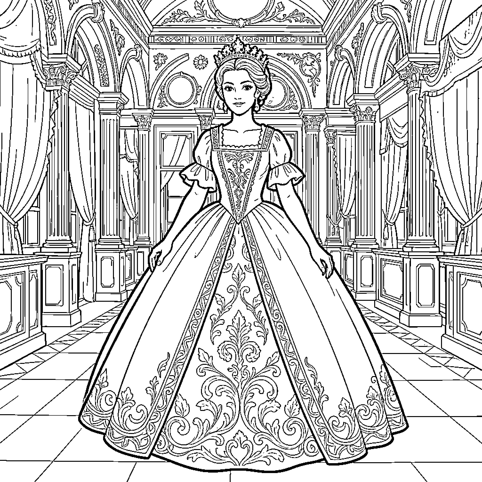 Maria Antonieta in an ornate, regal gown Coloring Page (free black-and-white line drawing printable PDF for all, from beginners to advanced learners, including children, teens, adults, and seniors)