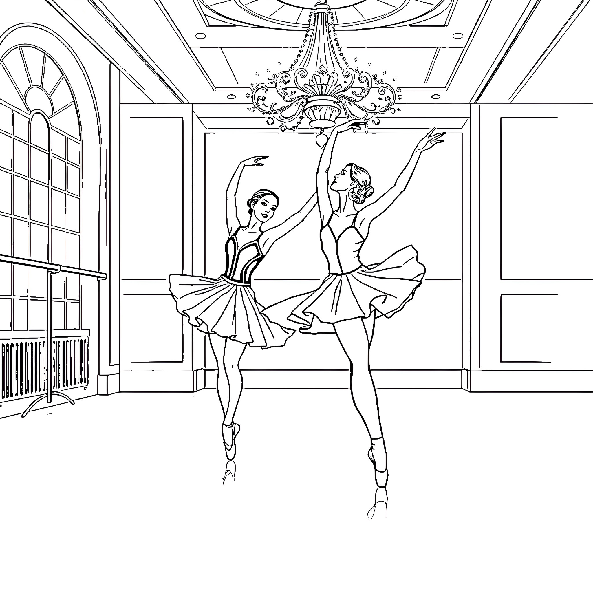 Dancer Performing in Elegant Ballet Studio Coloring Page (free black-and-white line drawing printable PDF for all, from beginners to advanced learners, including children, teens, adults, and seniors)
