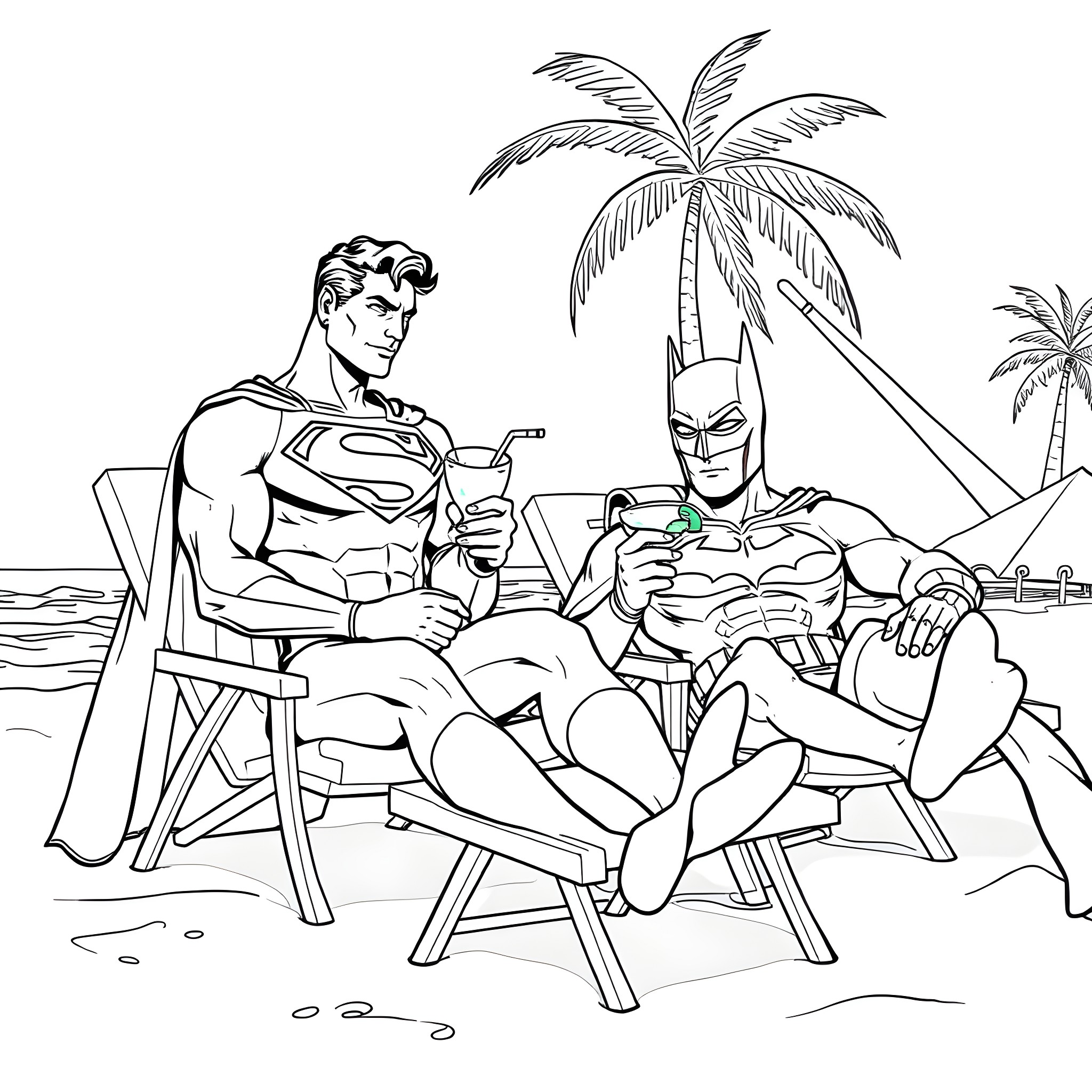 Superman and Batman relaxing on the beach Coloring Page (free black-and-white line drawing printable PDF for all, from beginners to advanced learners, including children, teens, adults, and seniors)