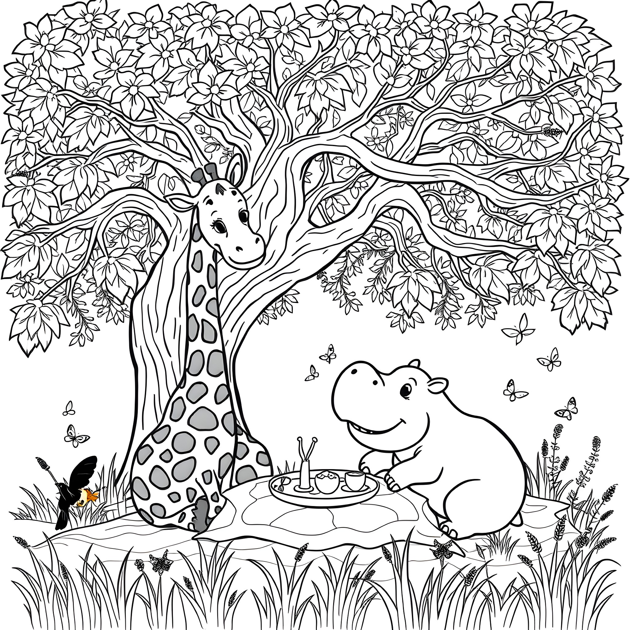 Giraffe and Hippo Celebrating under a Blooming Tree Coloring Page (free black-and-white line drawing printable PDF for all, from beginners to advanced learners, including children, teens, adults, and seniors)