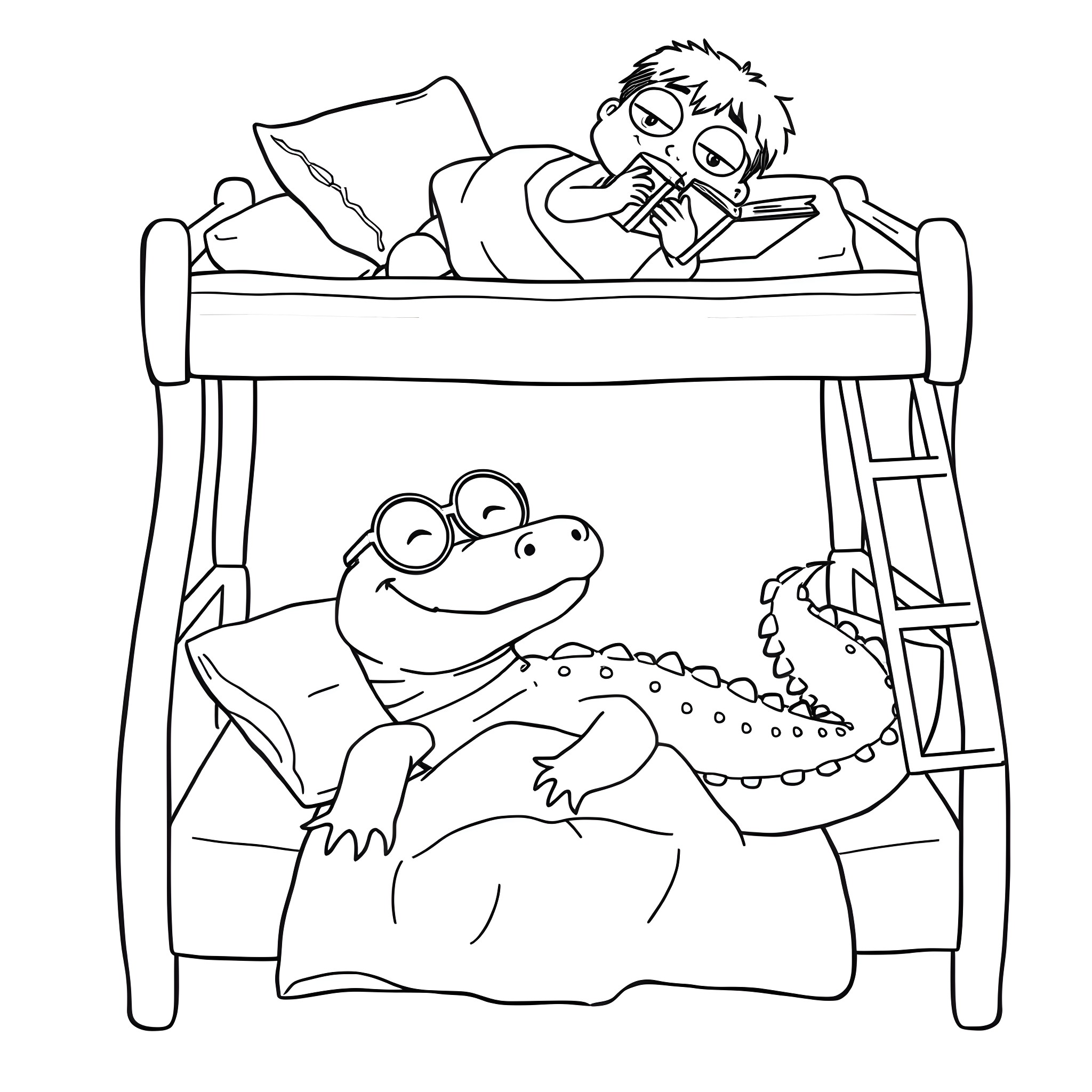 Alligator and child playing together in bunk bed Coloring Page (free black-and-white line drawing printable PDF for all, from beginners to advanced learners, including children, teens, adults, and seniors)