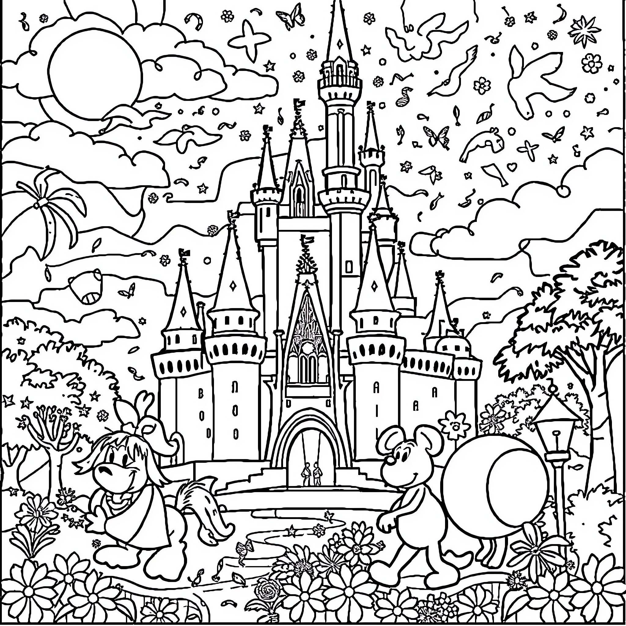 Disney Castle with Magical Elements and Characters Coloring Page (free black-and-white line drawing printable PDF for all, from beginners to advanced learners, including children, teens, adults, and seniors)