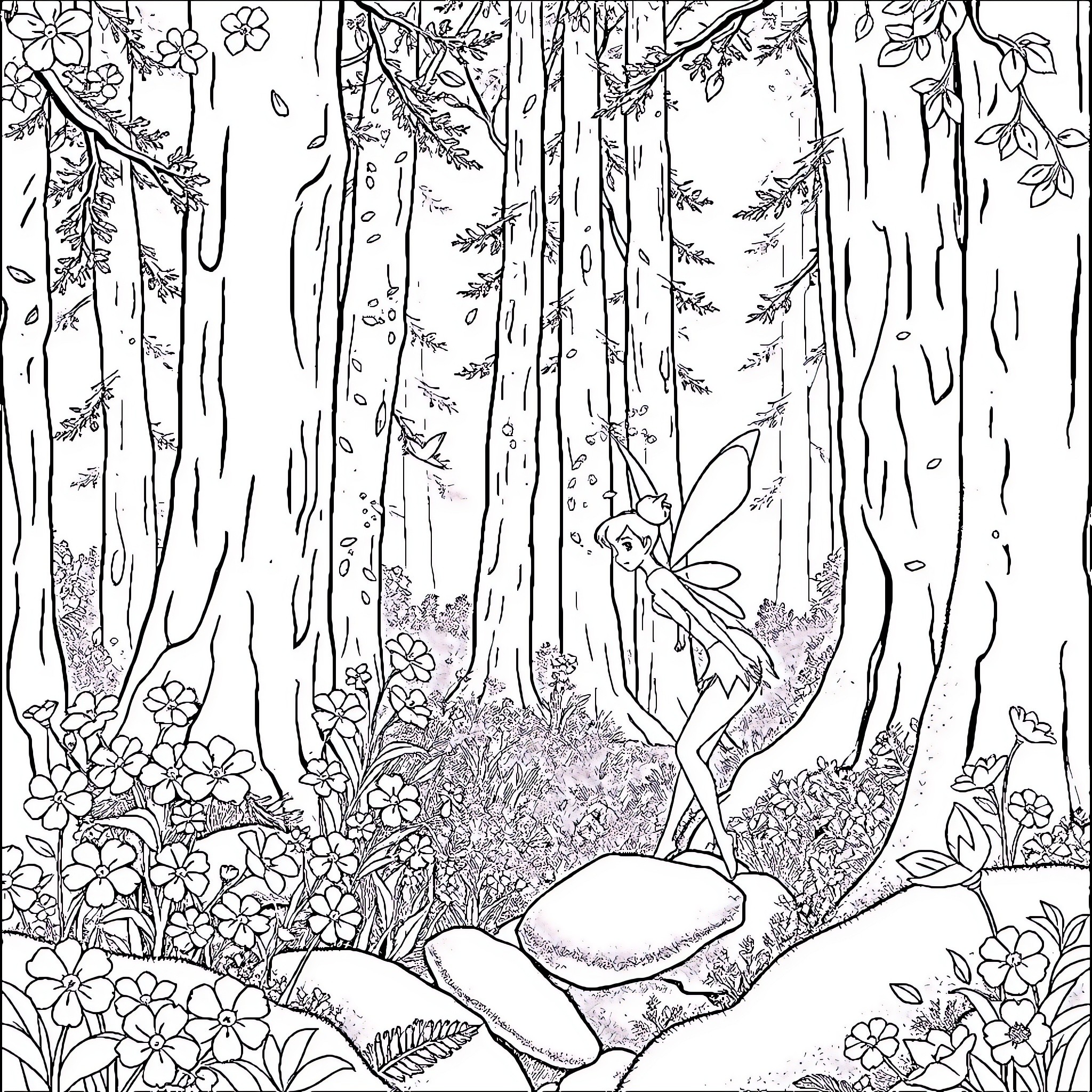 Tinkerbell exploring the enchanted forest Coloring Page (free black-and-white line drawing printable PDF for all, from beginners to advanced learners, including children, teens, adults, and seniors)