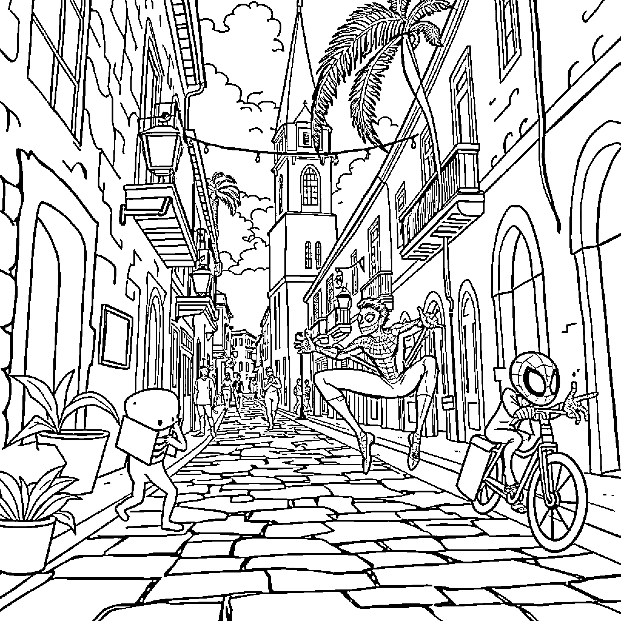 Spider-Man Swinging through Vibrant City Landscape Coloring Page (free black-and-white line drawing printable PDF for all, from beginners to advanced learners, including children, teens, adults, and seniors)