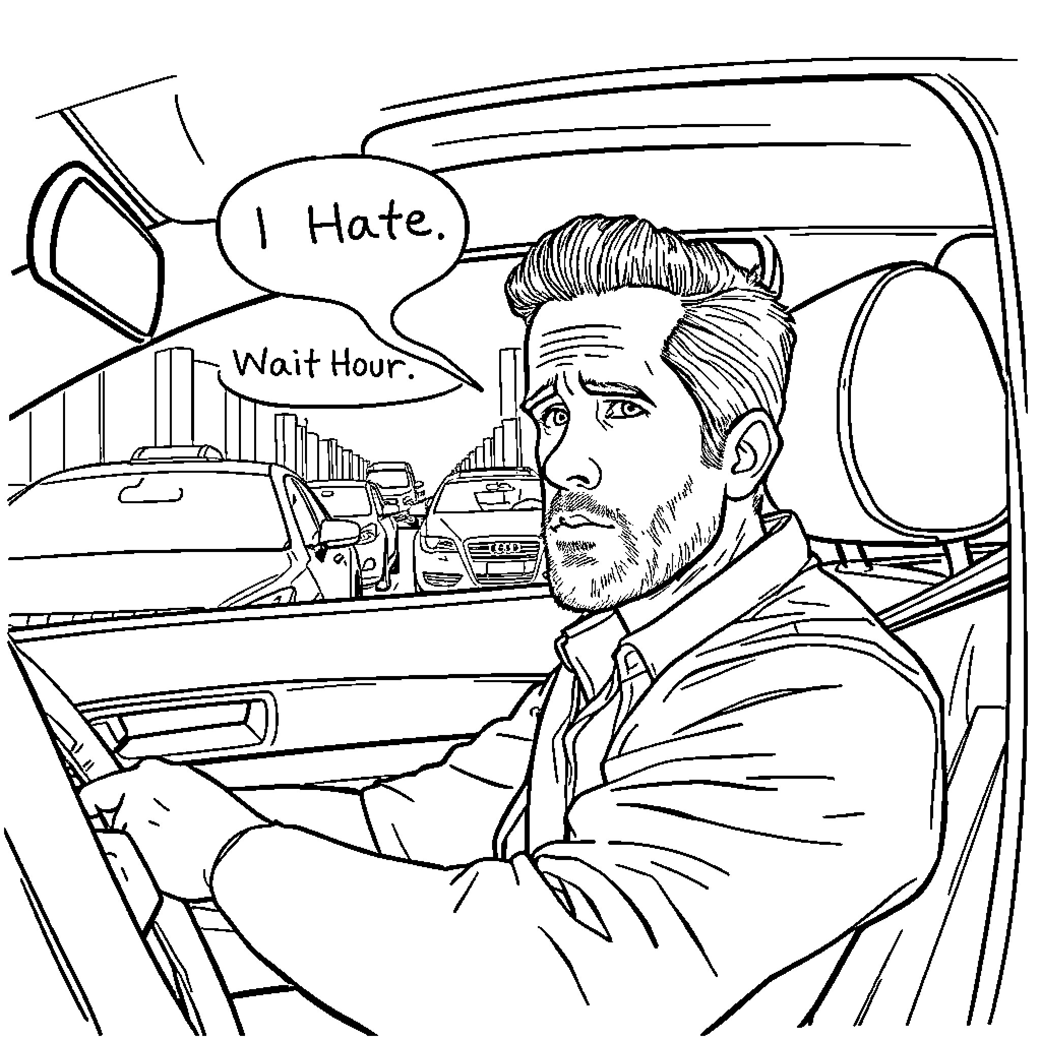 Ryan Reynolds expressing frustration in a car Coloring Page (free black-and-white line drawing printable PDF for all, from beginners to advanced learners, including children, teens, adults, and seniors)