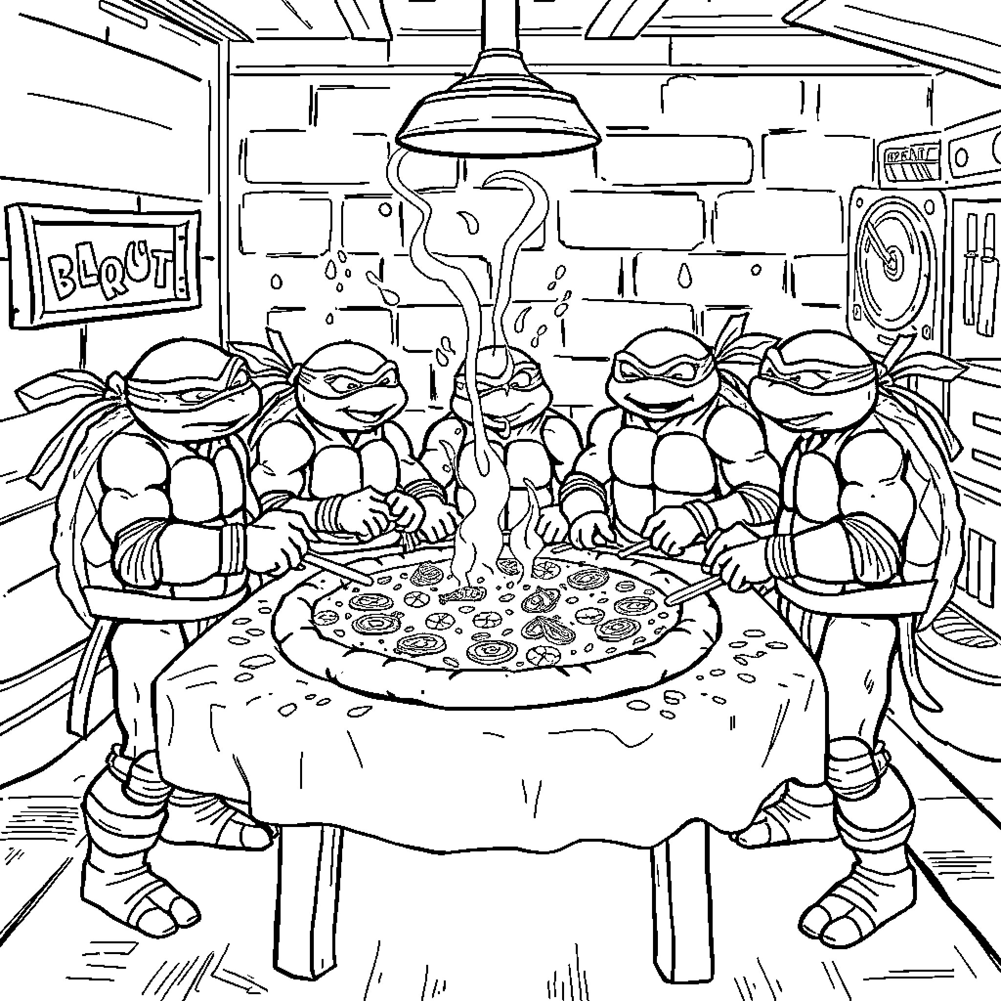 Teenage Mutant Ninja Turtles enjoying pizza in their hideout Coloring Page (free black-and-white line drawing printable PDF for all, from beginners to advanced learners, including children, teens, adults, and seniors)