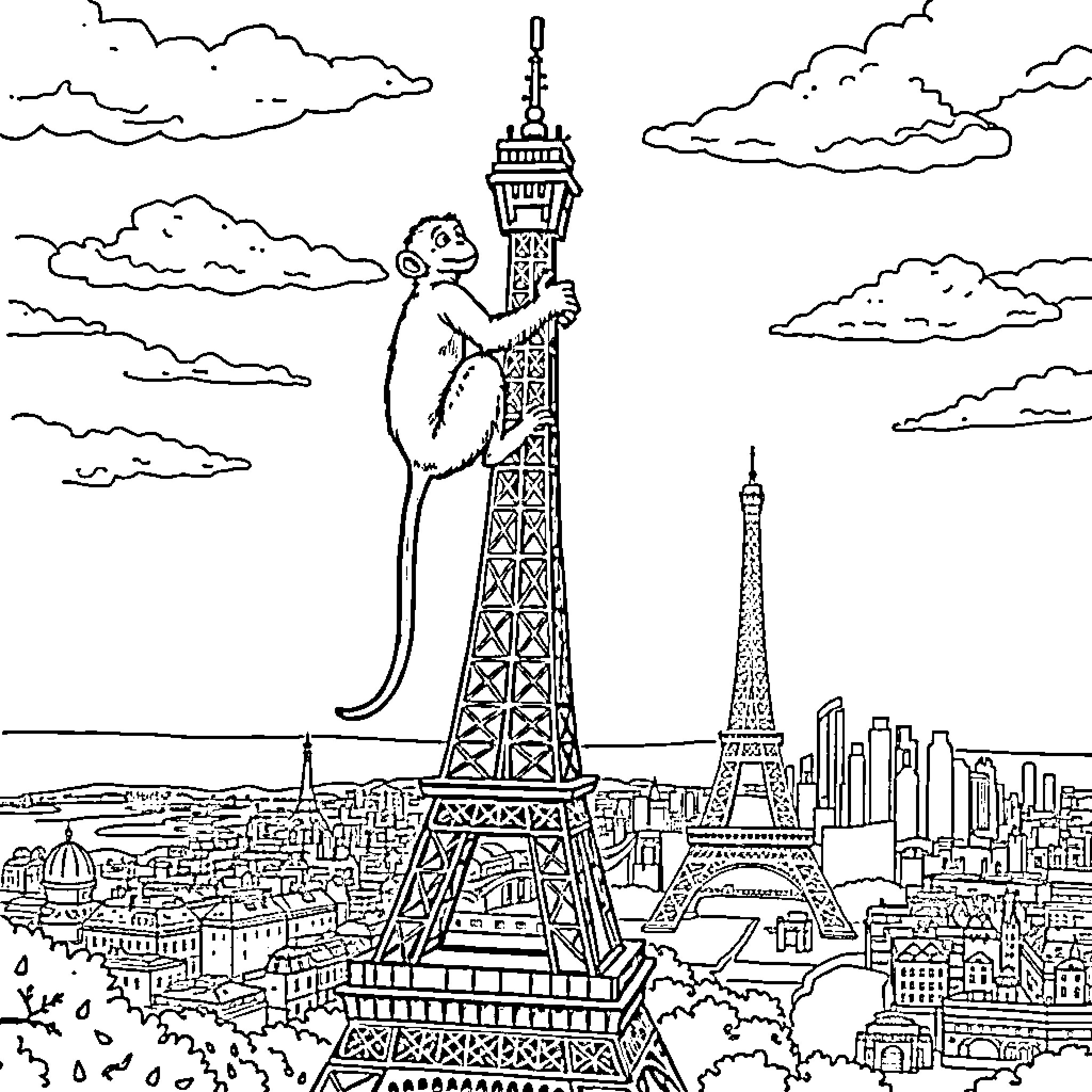 Monkey climbing Eiffel Tower in Paris skyline Coloring Page (free black-and-white line drawing printable PDF for all, from beginners to advanced learners, including children, teens, adults, and seniors)