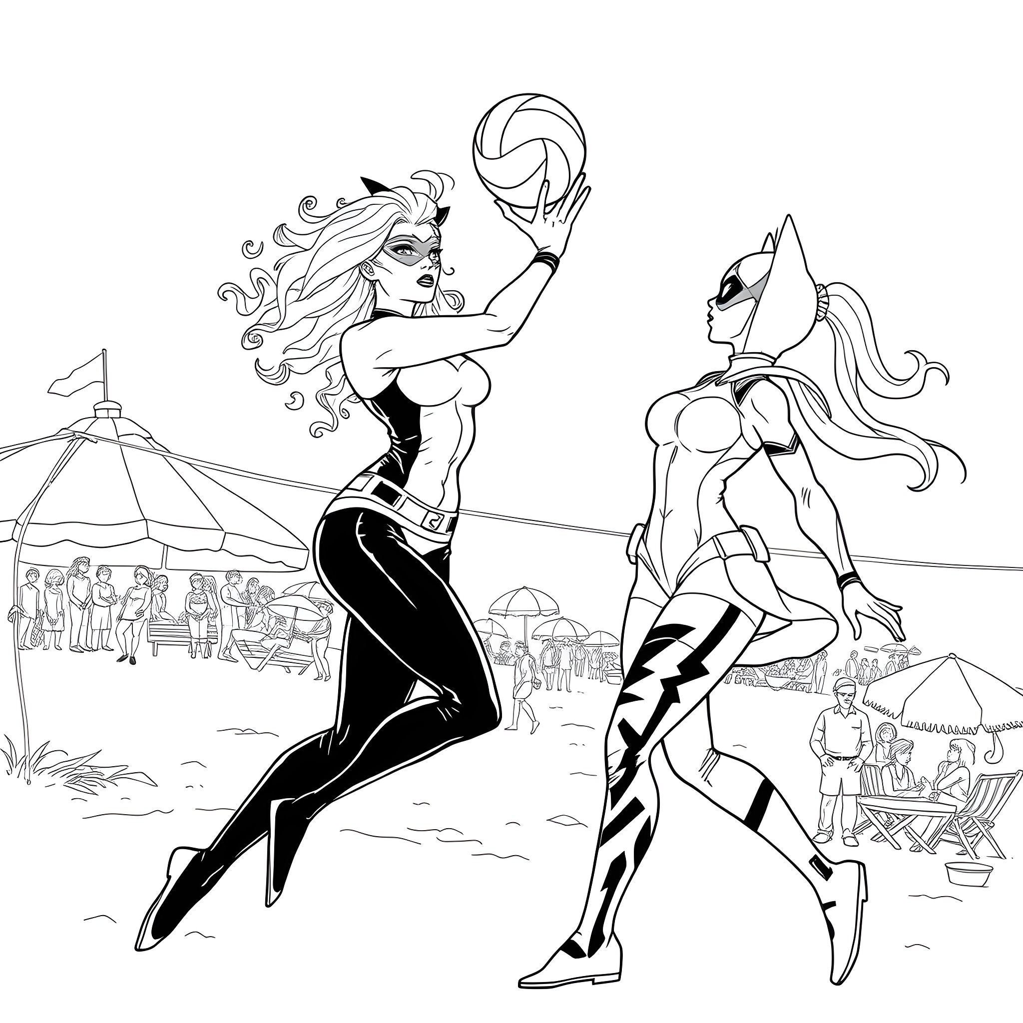 Storm of Excitement at the Beach Volleyball Match Coloring Page (free black-and-white line drawing printable PDF for all, from beginners to advanced learners, including children, teens, adults, and seniors)