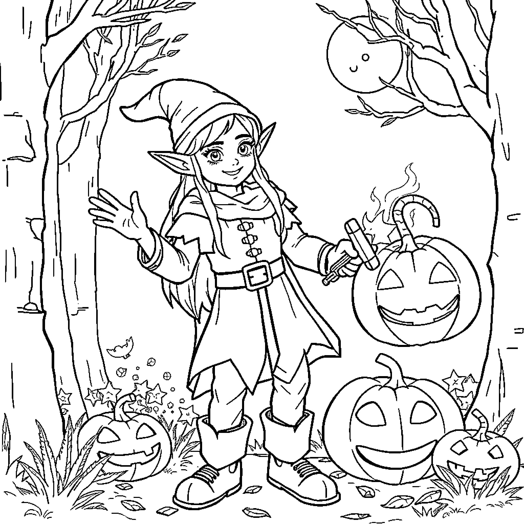 Legolas the Elf in a Spooky Halloween Forest Coloring Page (free black-and-white line drawing printable PDF for all, from beginners to advanced learners, including children, teens, adults, and seniors)