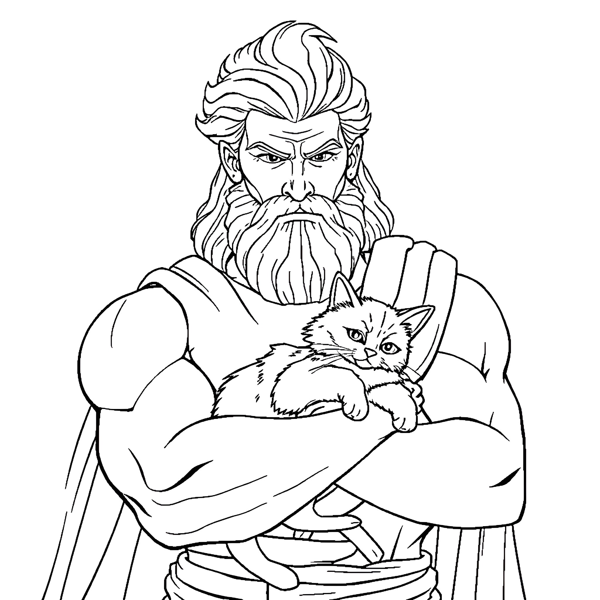 Zeus holding a curious cat in his arms Coloring Page (free black-and-white line drawing printable PDF for all, from beginners to advanced learners, including children, teens, adults, and seniors)