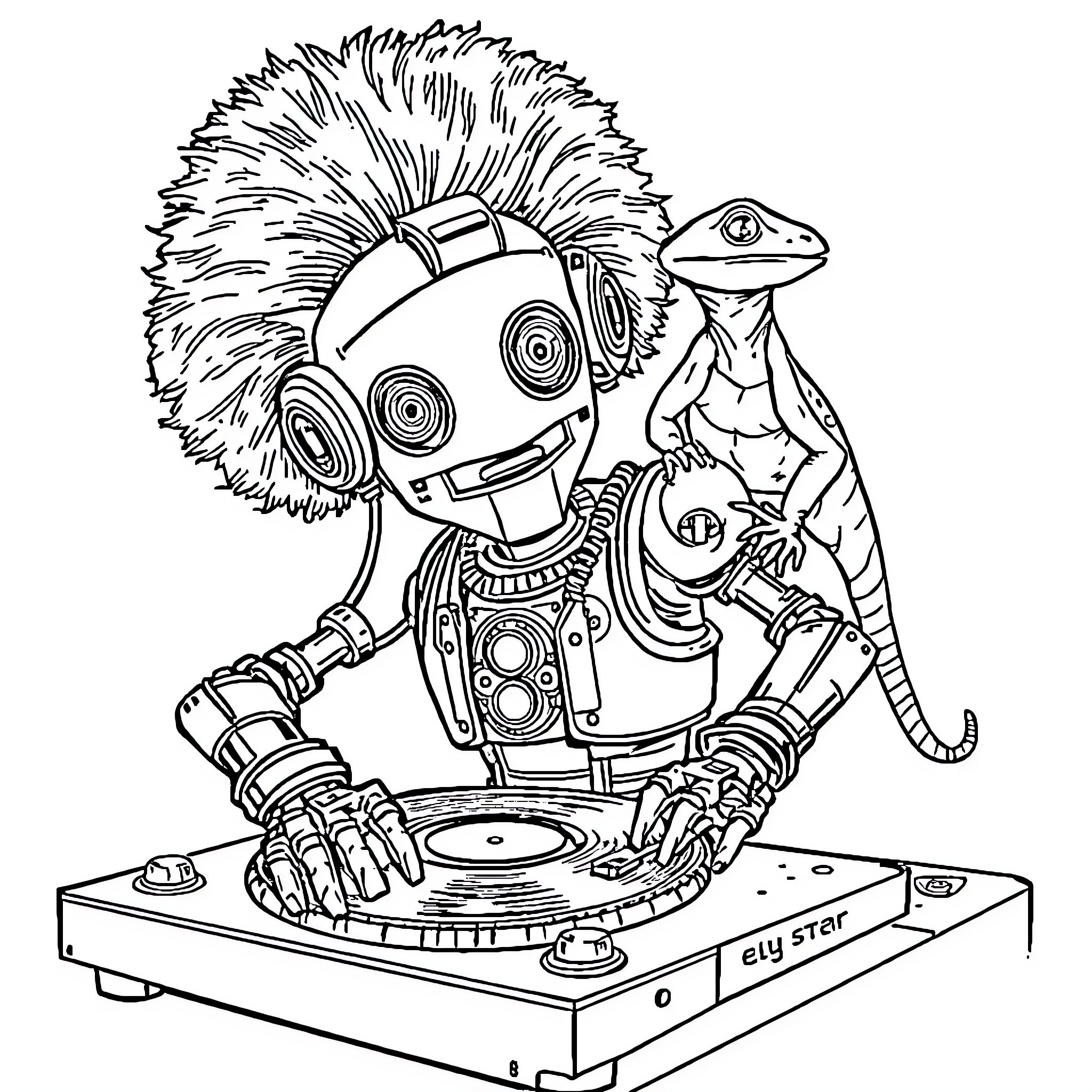Robot Lizard DJ Mixing Tunes Coloring Page (free black-and-white line drawing printable PDF for all, from beginners to advanced learners, including children, teens, adults, and seniors)