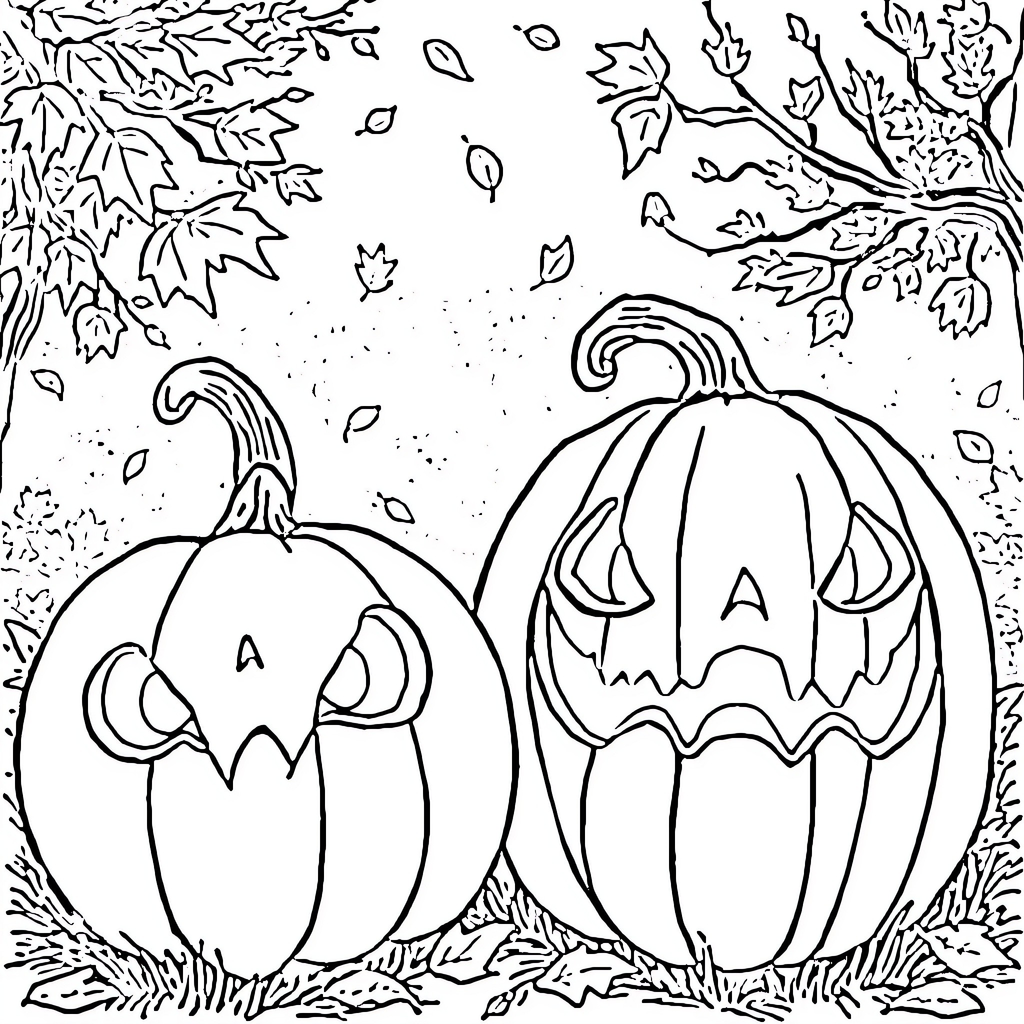 Pumpkins on a Spooky Autumn Night Coloring Page (free black-and-white line drawing printable PDF for all, from beginners to advanced learners, including children, teens, adults, and seniors)