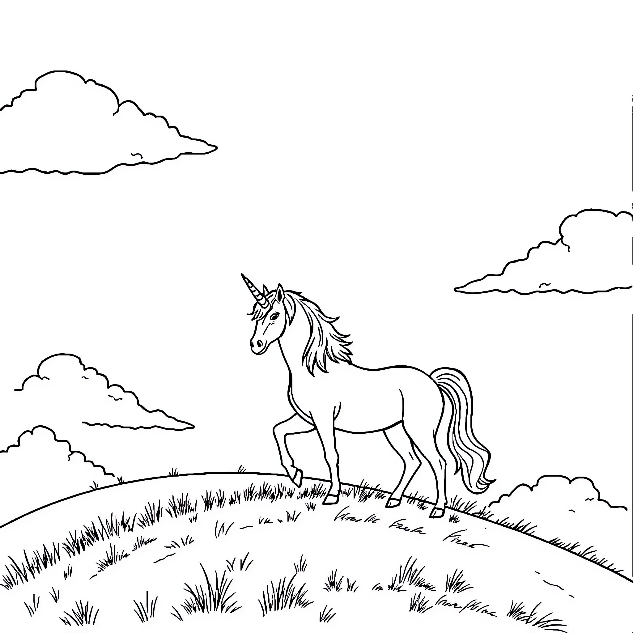 Unicorn standing majestically on grassy hill Coloring Page (free black-and-white line drawing printable PDF for all, from beginners to advanced learners, including children, teens, adults, and seniors)