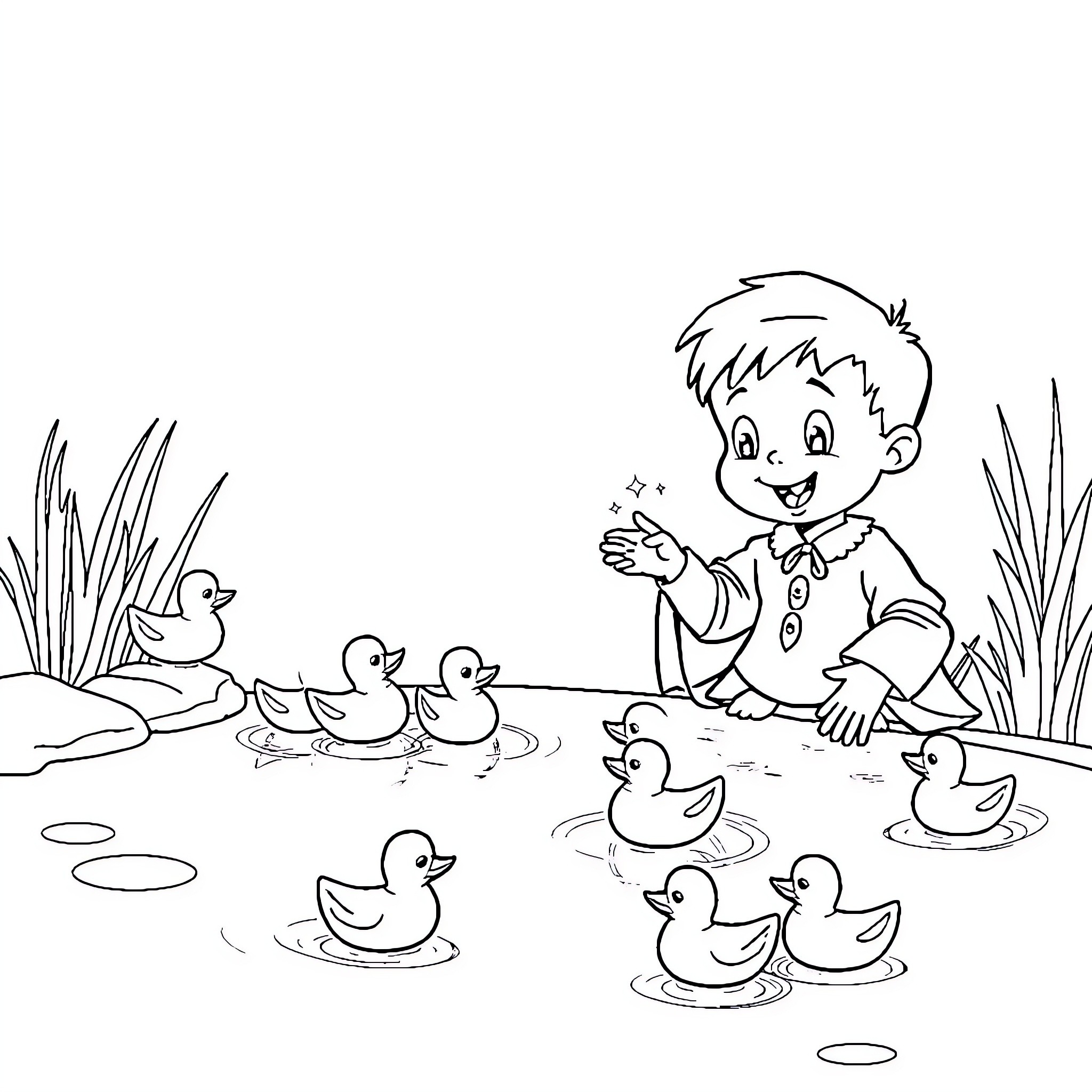 Boy playing with ducklings in the pond Coloring Page (free black-and-white line drawing printable PDF for all, from beginners to advanced learners, including children, teens, adults, and seniors)
