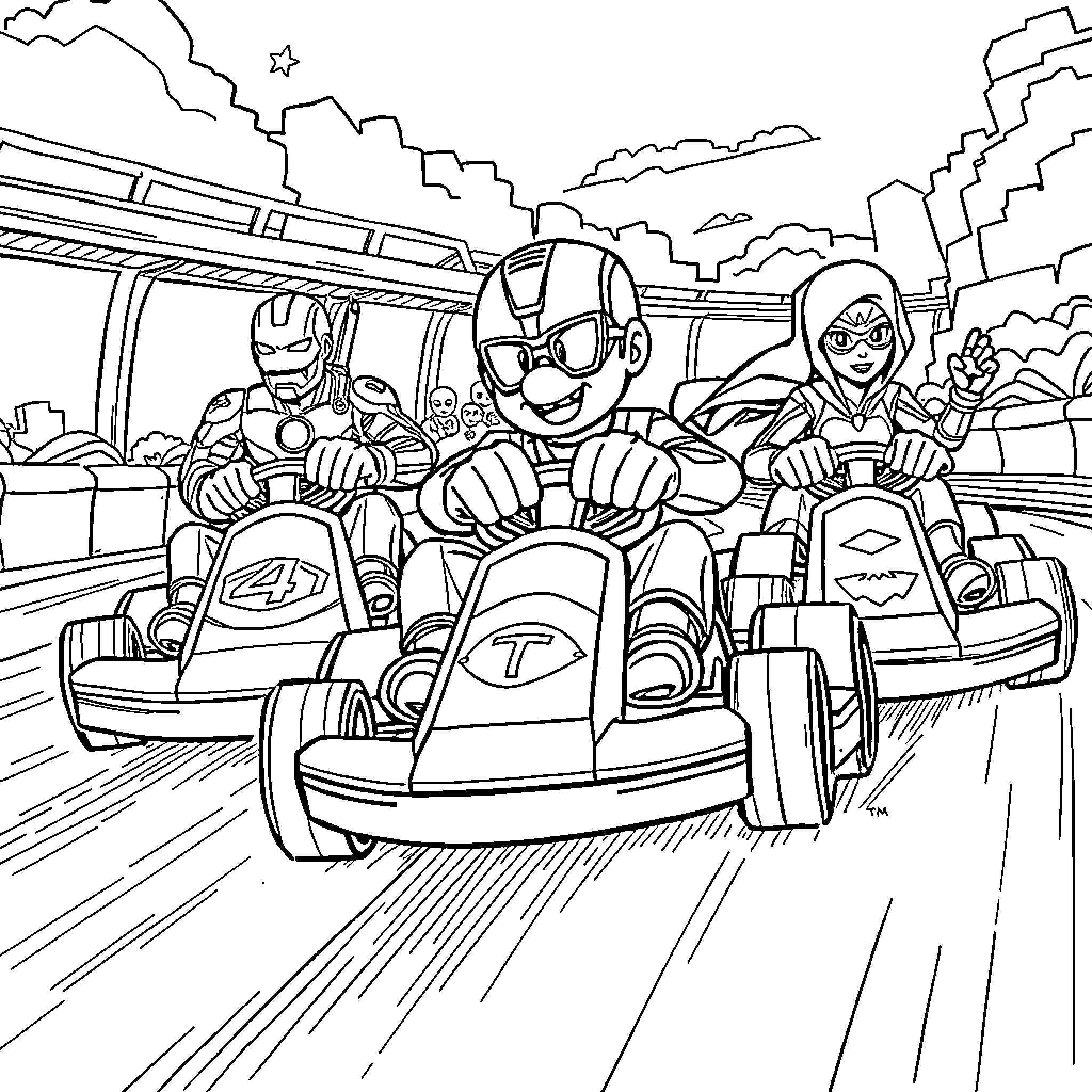 Marvel Characters Racing on Go-Karts Coloring Page (free black-and-white line drawing printable PDF for all, from beginners to advanced learners, including children, teens, adults, and seniors)