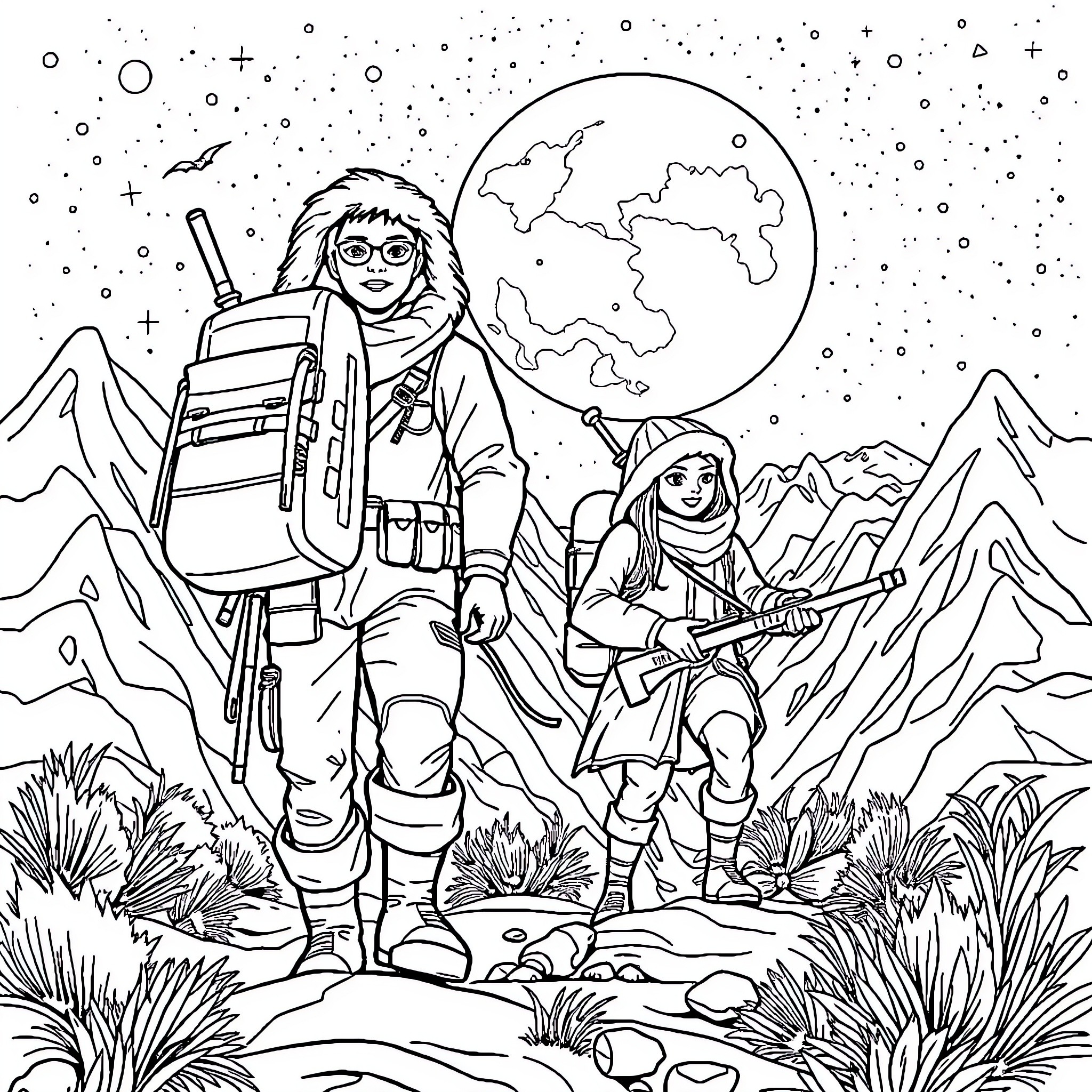 Expedition into the Wintry Wilderness Coloring Page (free black-and-white line drawing printable PDF for all, from beginners to advanced learners, including children, teens, adults, and seniors)