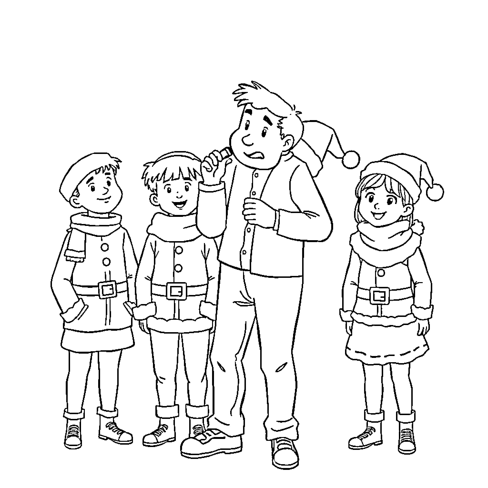 Master Family Members Pose Together in Winter Outfits Coloring Page (free black-and-white line drawing printable PDF for all, from beginners to advanced learners, including children, teens, adults, and seniors)