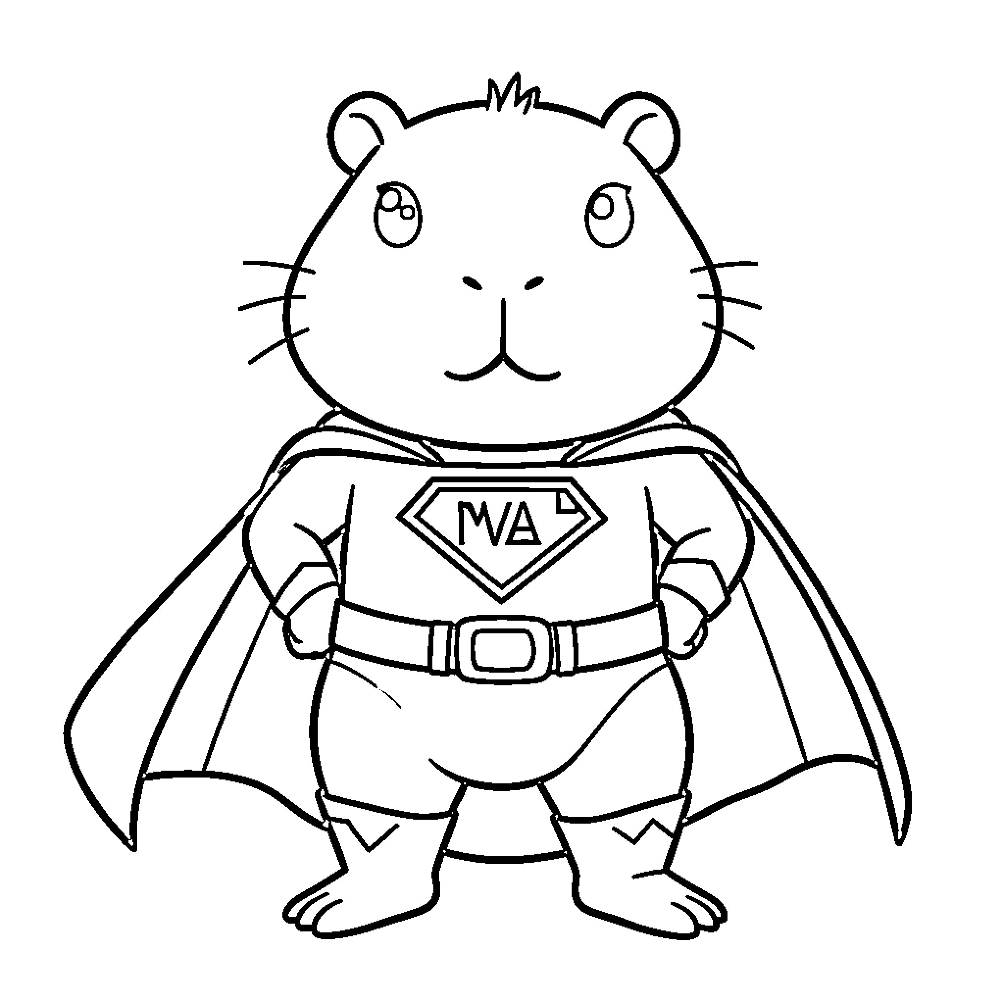 Capybara wearing a superhero costume and cape Coloring Page (free black-and-white line drawing printable PDF for all, from beginners to advanced learners, including children, teens, adults, and seniors)