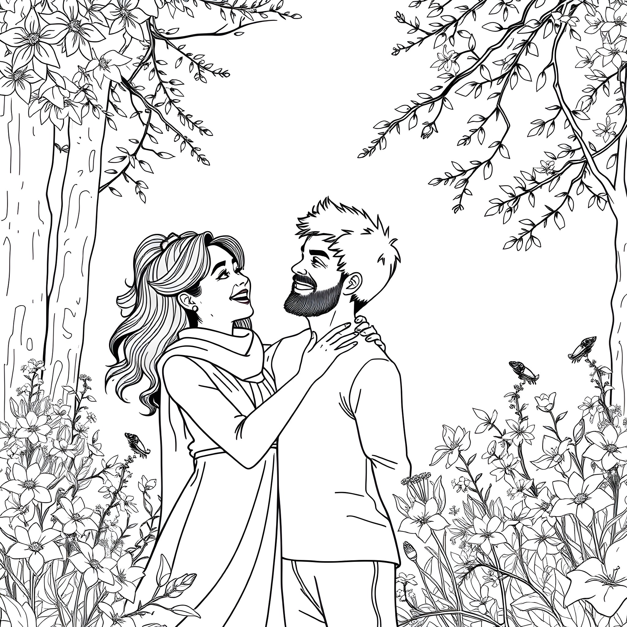 Shaila and Grant's romantic embrace in a nature-filled setting Coloring Page (free black-and-white line drawing printable PDF for all, from beginners to advanced learners, including children, teens, adults, and seniors)