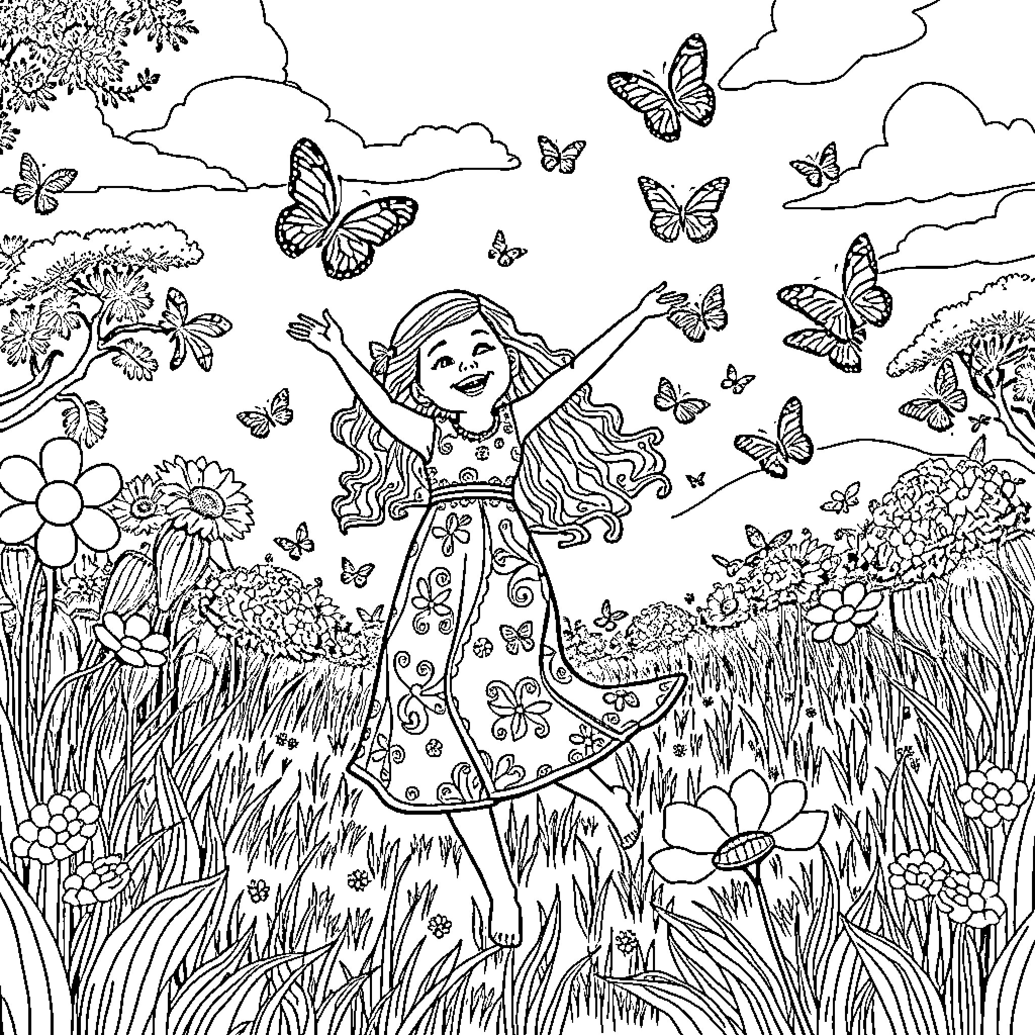 Mirabel Joyfully Interacting with Butterflies in the Meadow Coloring Page (free black-and-white line drawing printable PDF for all, from beginners to advanced learners, including children, teens, adults, and seniors)