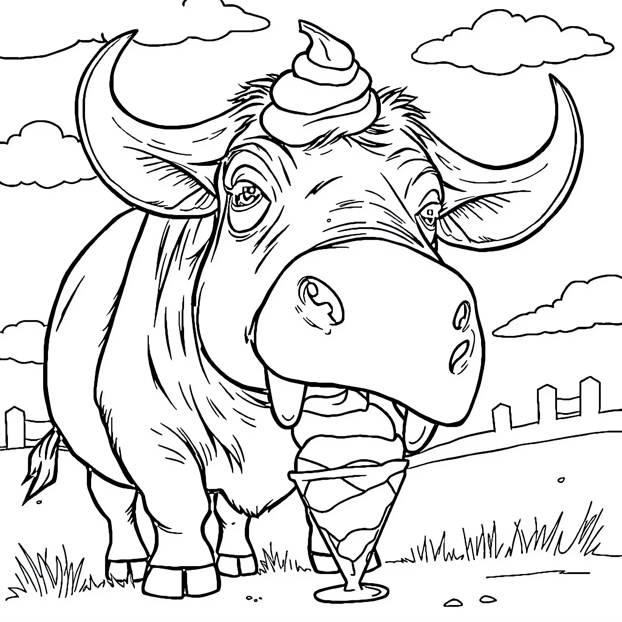Waterbuffelo enjoying the countryside landscape Coloring Page (free black-and-white line drawing printable PDF for all, from beginners to advanced learners, including children, teens, adults, and seniors)