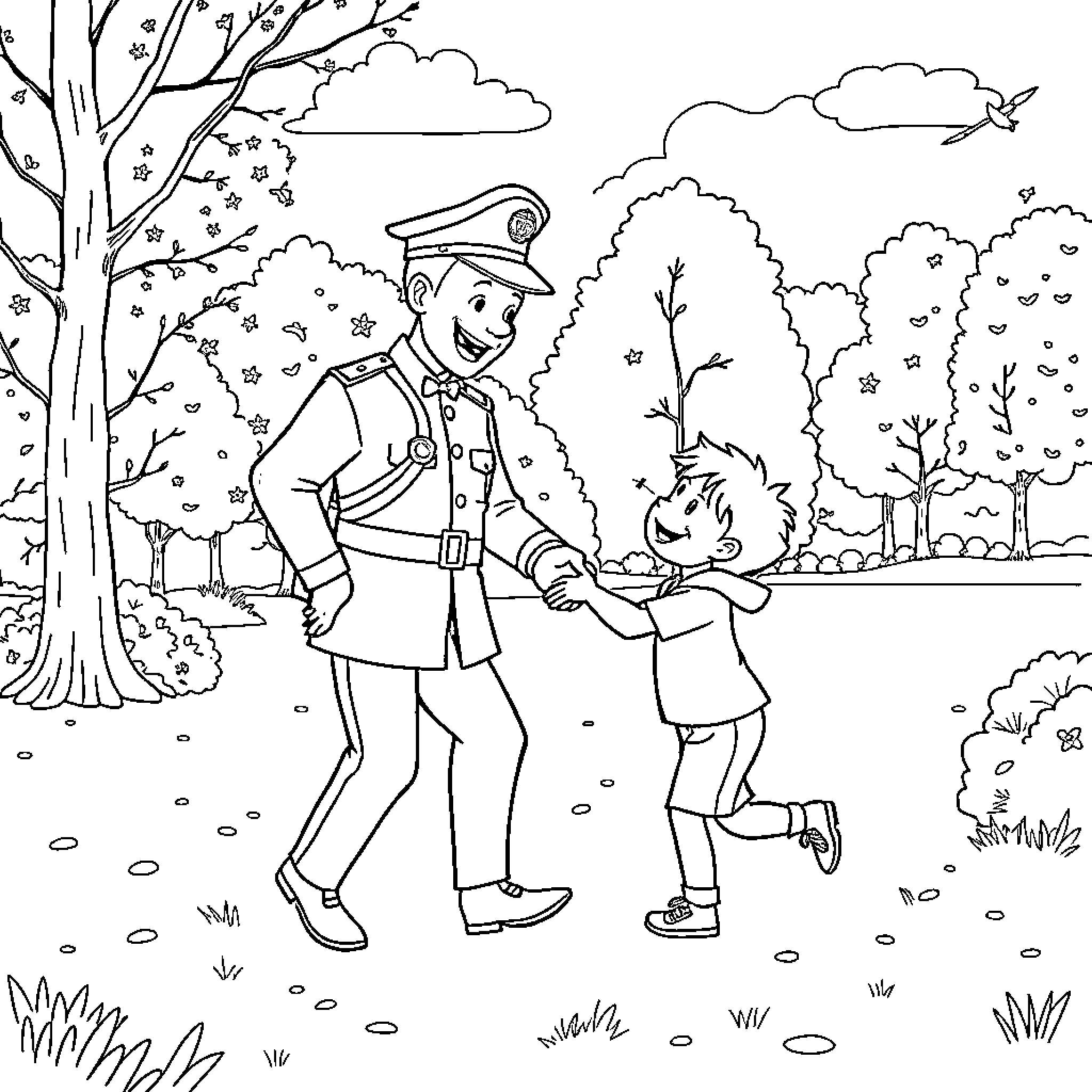 Pompier helping a child in the park Coloring Page (free black-and-white line drawing printable PDF for all, from beginners to advanced learners, including children, teens, adults, and seniors)