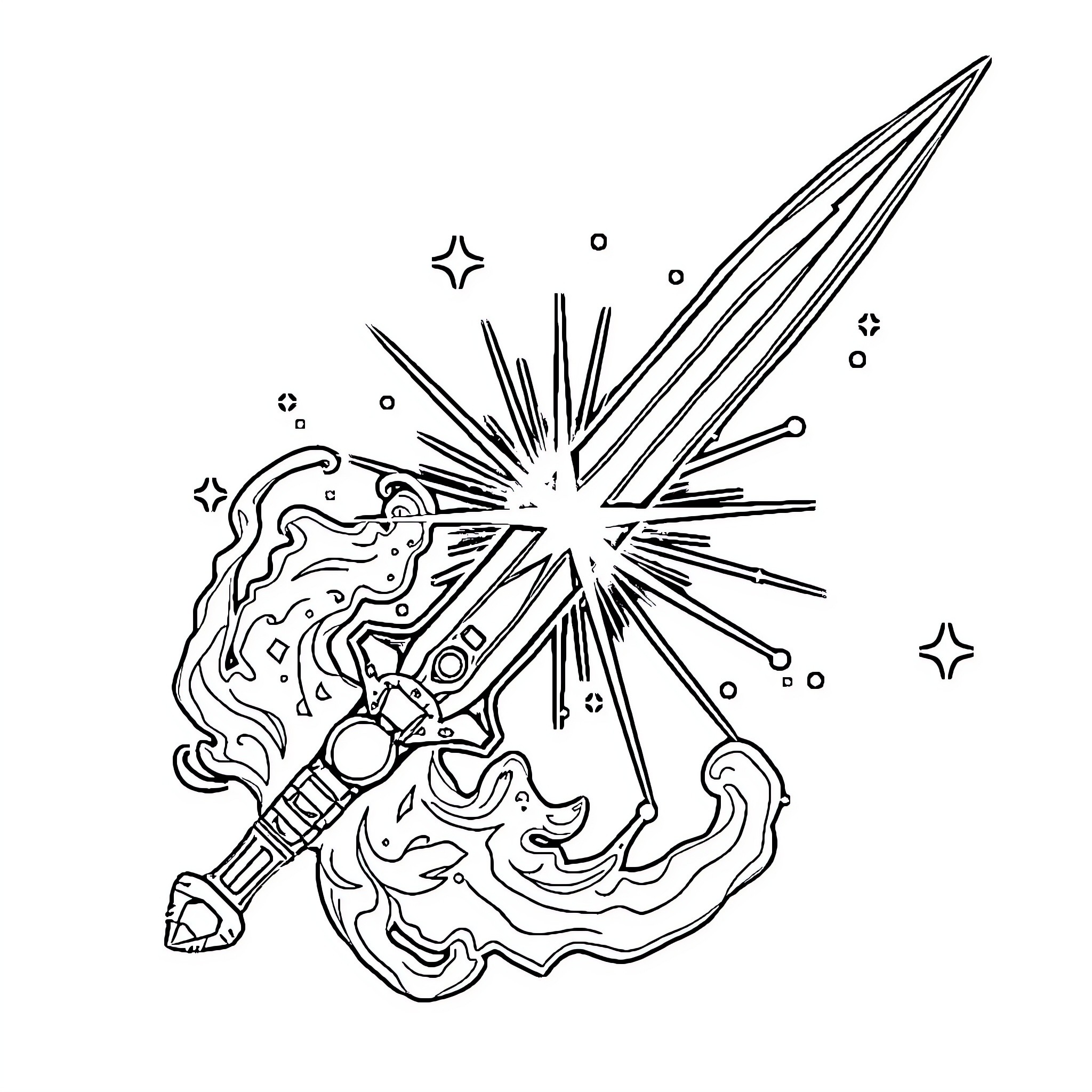 Stellar Blade wielding celestial energy Coloring Page (free black-and-white line drawing printable PDF for all, from beginners to advanced learners, including children, teens, adults, and seniors)