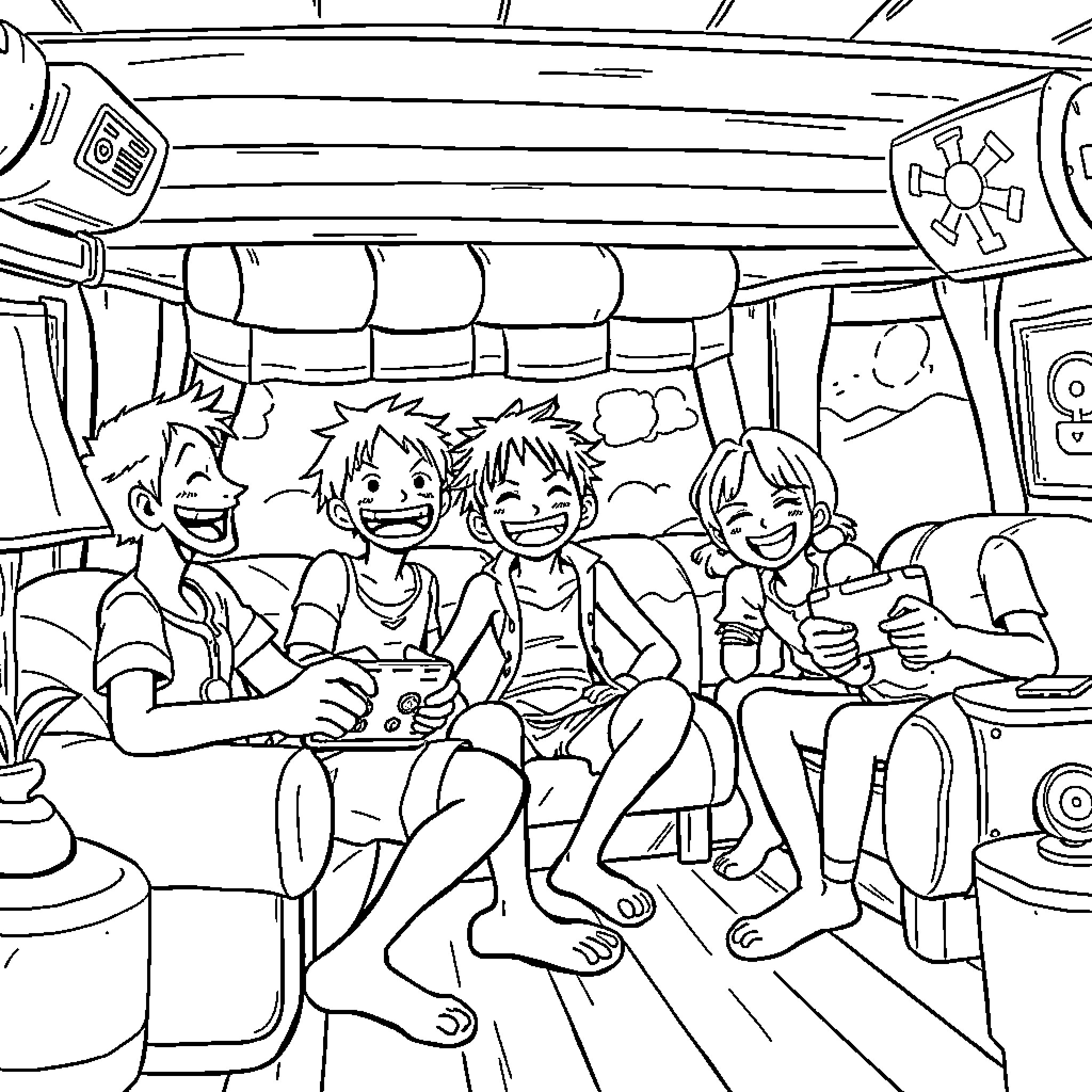 Luffy and friends enjoy a lively gathering Coloring Page (free black-and-white line drawing printable PDF for all, from beginners to advanced learners, including children, teens, adults, and seniors)