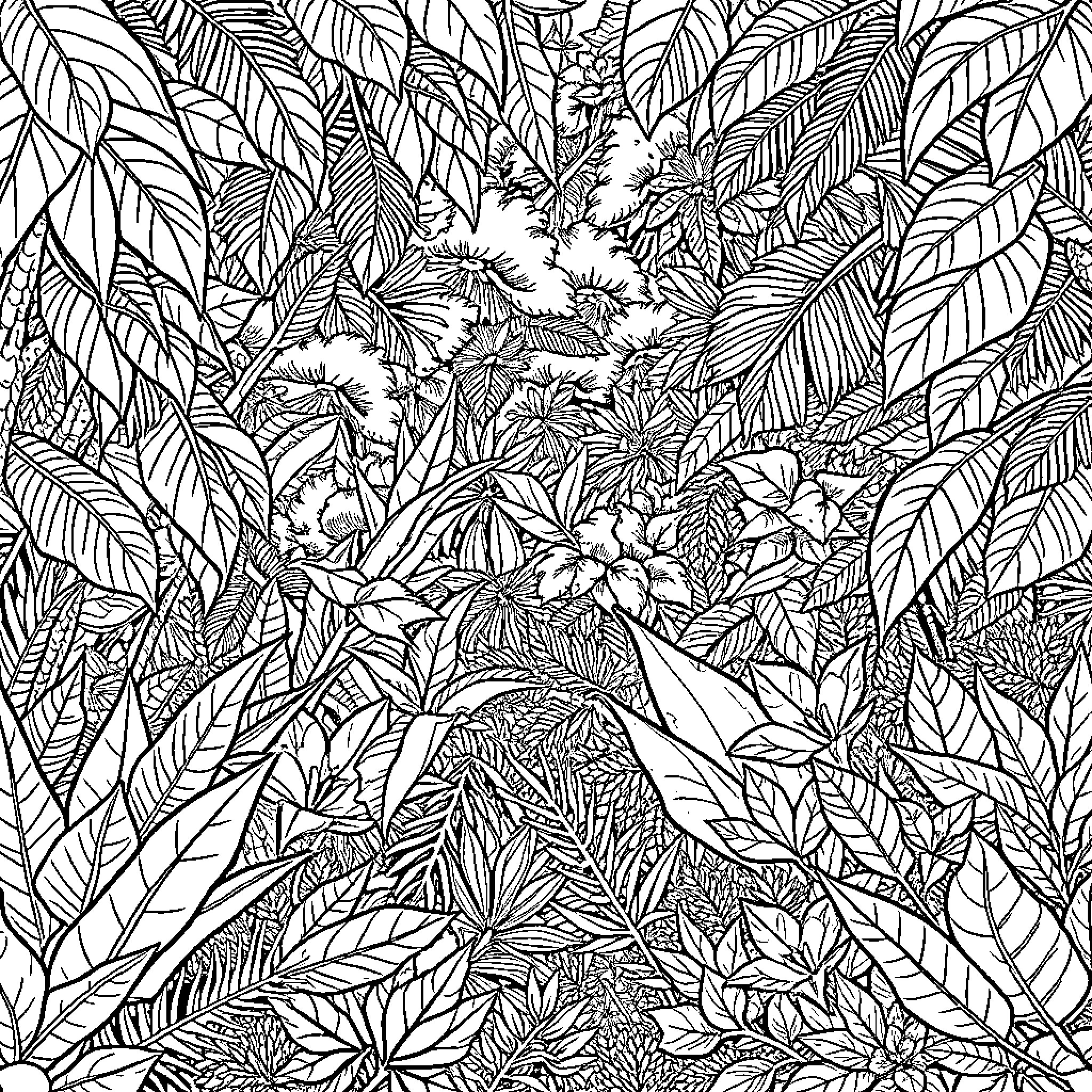Jungle Foliage and Flora Detailed Illustration Coloring Page (free black-and-white line drawing printable PDF for all, from beginners to advanced learners, including children, teens, adults, and seniors)