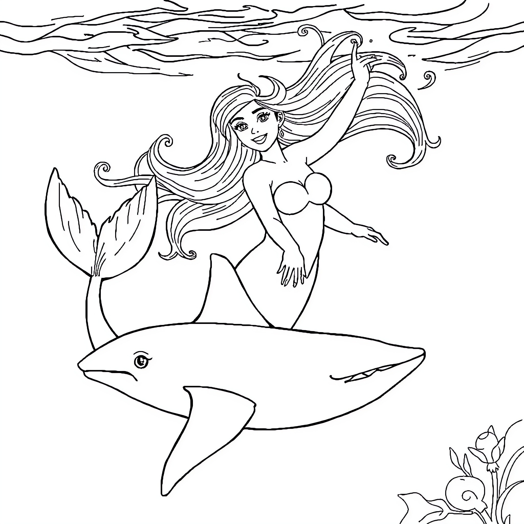 Mermaid Riding Joyfully on a Shark Coloring Page (free black-and-white line drawing printable PDF for all, from beginners to advanced learners, including children, teens, adults, and seniors)