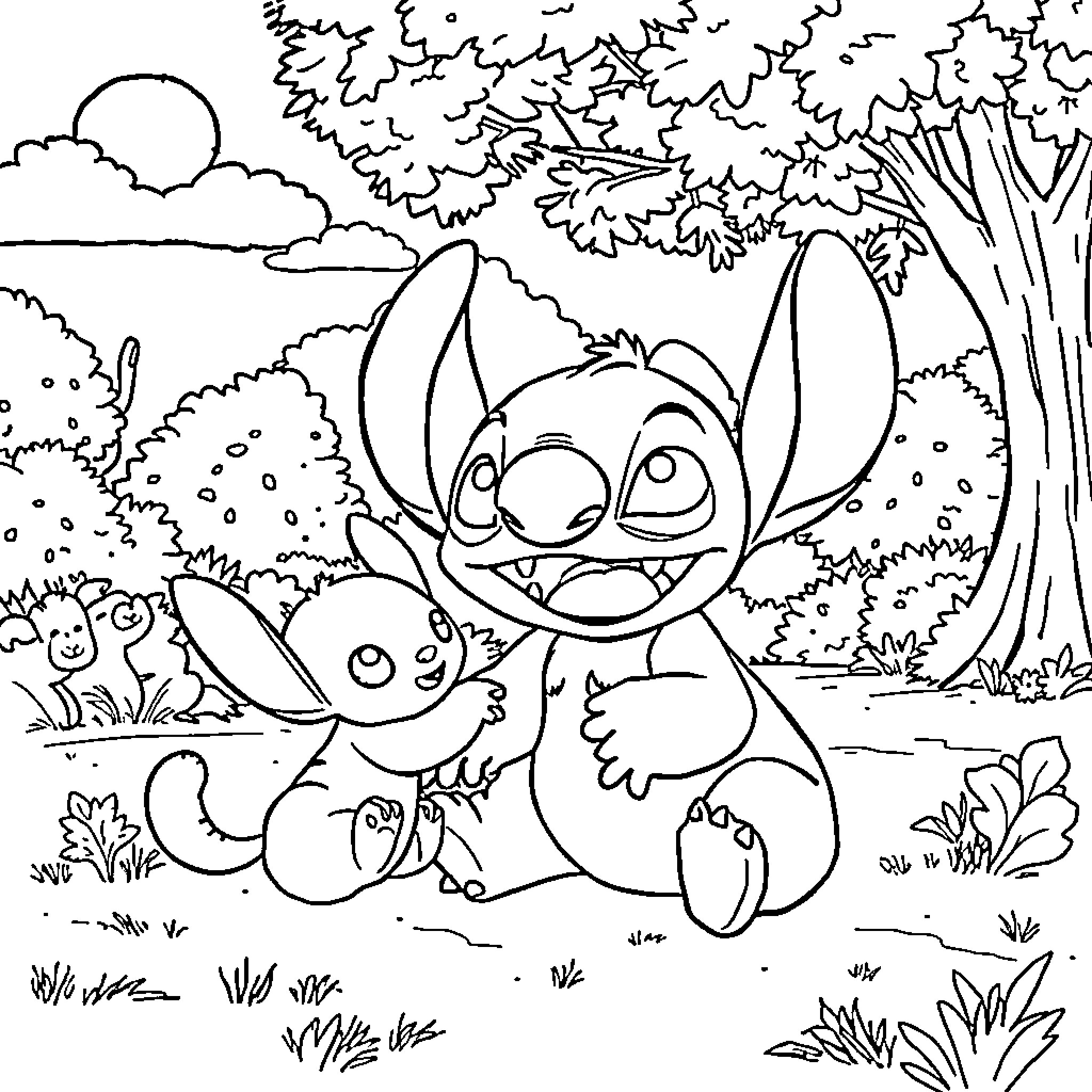 Stitch and his friend exploring the forest Coloring Page (free black-and-white line drawing printable PDF for all, from beginners to advanced learners, including children, teens, adults, and seniors)