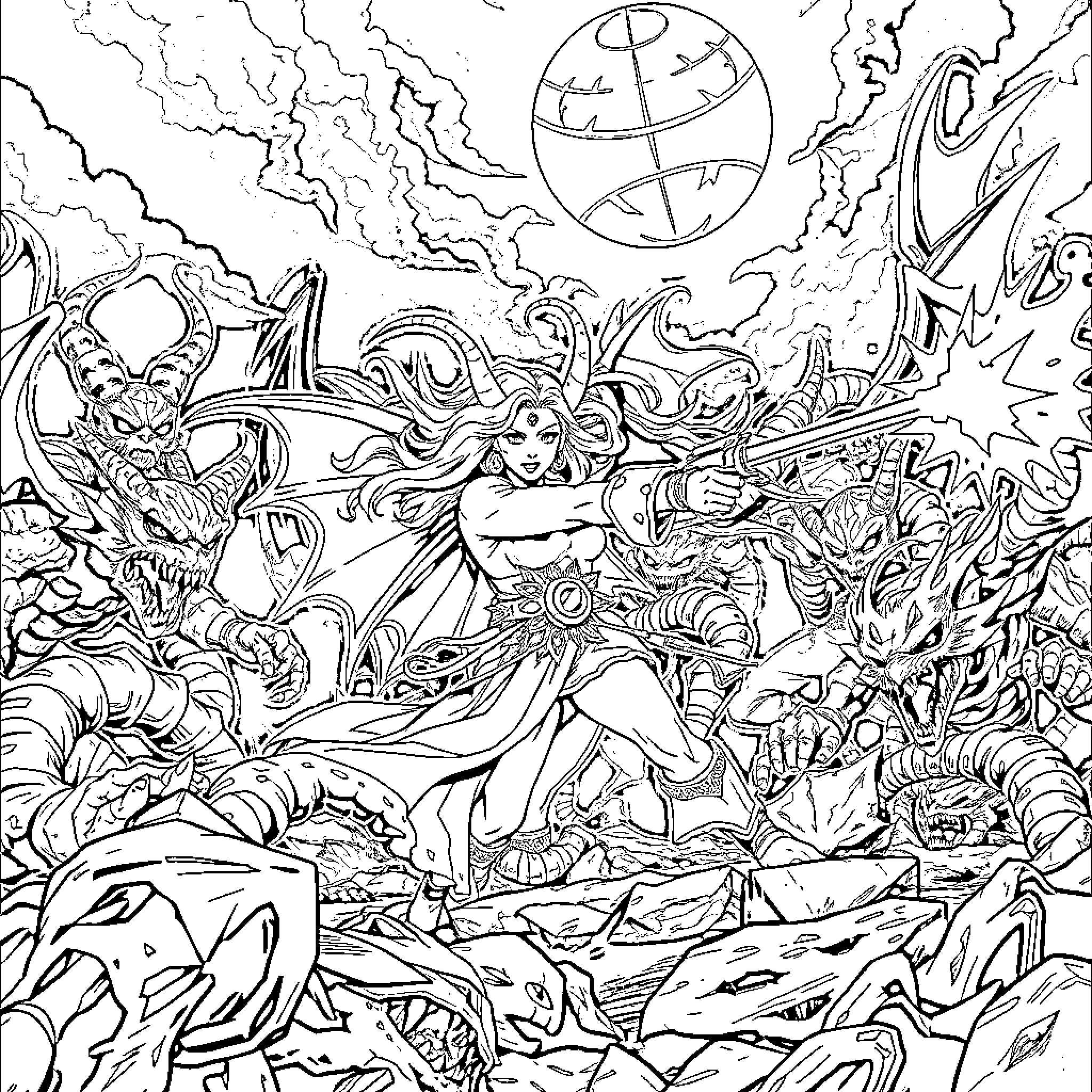 Roumi d'Huntrix battles fearsome creatures in a fantastical landscape Coloring Page (free black-and-white line drawing printable PDF for all, from beginners to advanced learners, including children, teens, adults, and seniors)